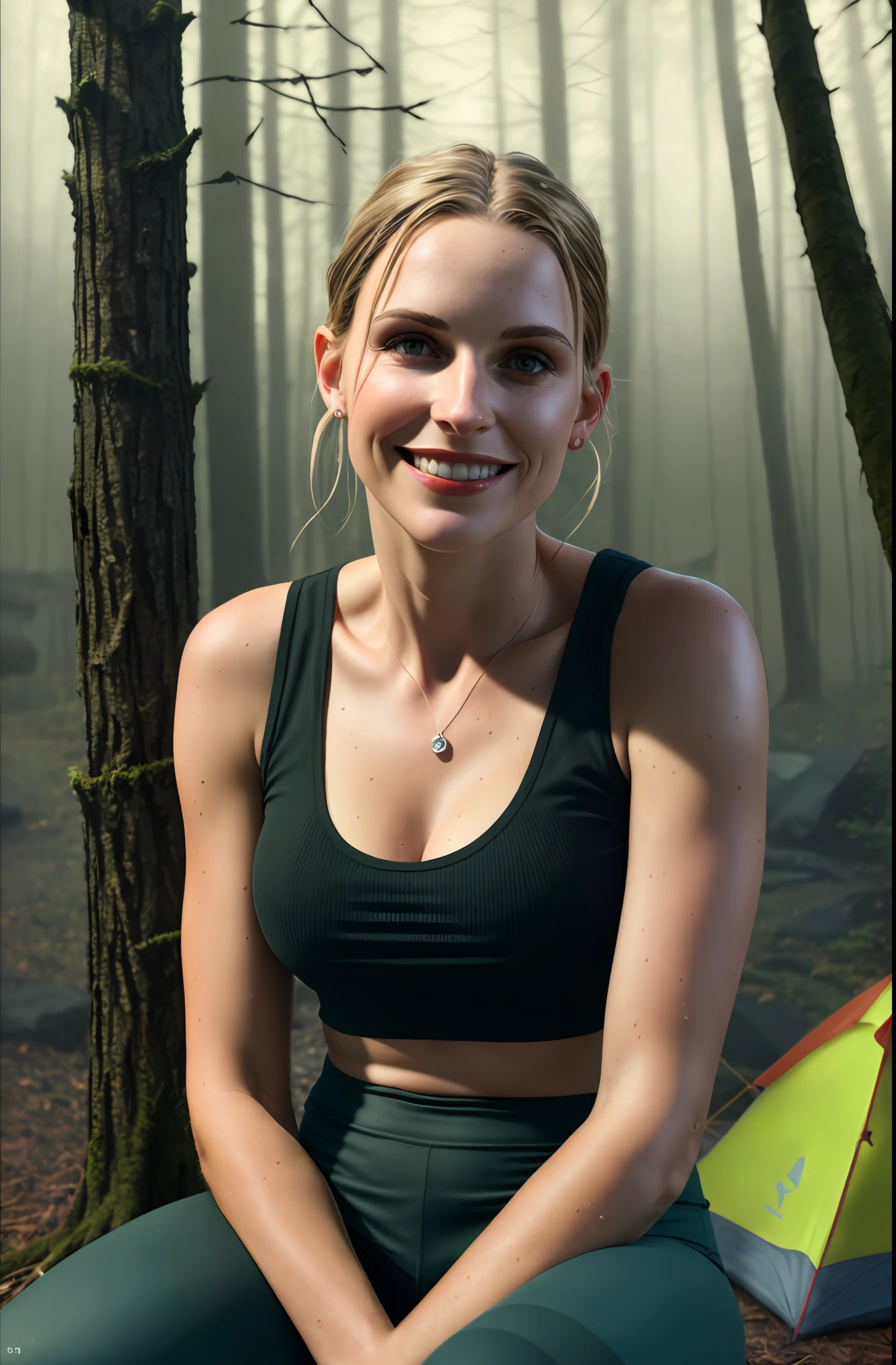 35-years-old woman, ((spooky smile)), ((sitting in a camping tent, in the spooky woods, heavy rain)), (spooky forest), slim body, (natural huge cleavage to viewer), (clothes: tank top and leggings), (shaved armpits, showing underarm by hands up), toned stomach, photorealistic, photography, masterpiece, realistic, realism, photorealism, high contrast, photorealistic digital art station (16k HD high definition details realistic, detail, skin texture), ultra detail, realistic skin texture, armature, best quality, ultra high definition, (photorealistic:1.4),, high resolution, detail, raw photo, sharp re, by Lee Jefferies Nikon D850 film stock photo 4 Kodak Portra 400 Camera F1.6 lens rich colors Ultra realistic textures Dramatic lighting Unreal Engine Trending at Art Station Cinestill 800
