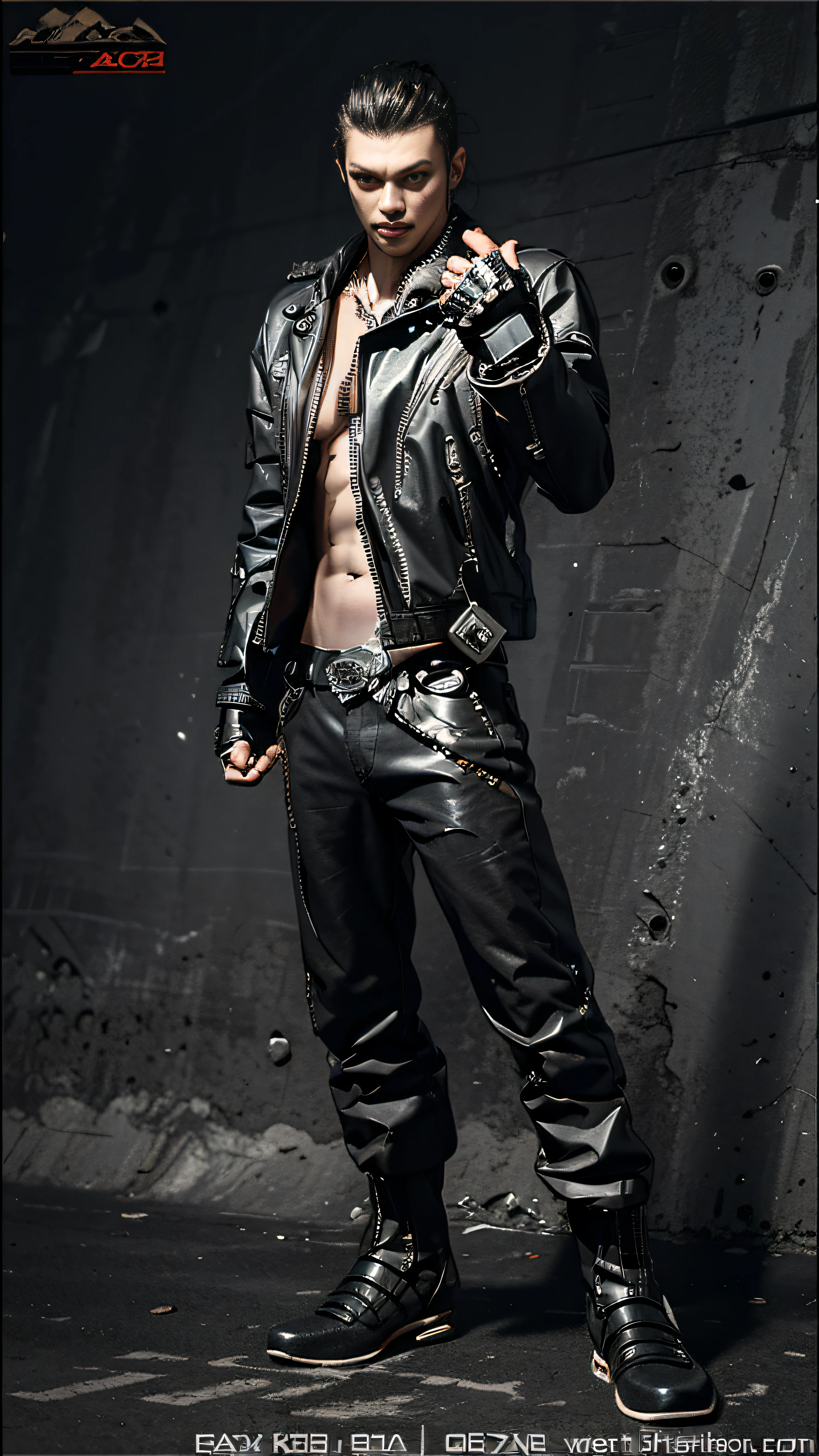 Best quality, ferocious face, 25 years old male, strong body, body made of metal, small bust, metal structural skeleton, seaside, standing posture, beach, huge spaceship floating in the air, cyberpunk, sci-fi