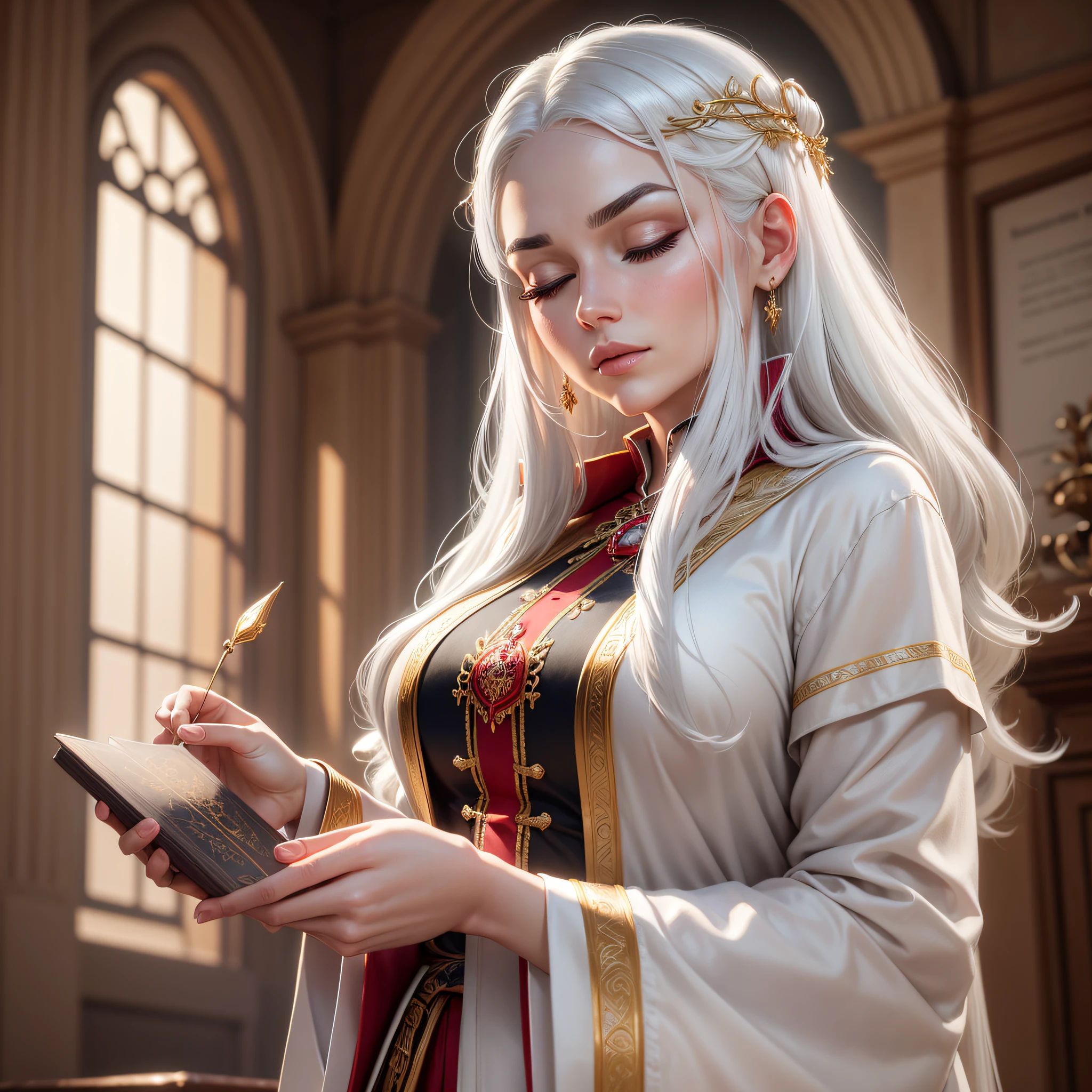 Ultra realistic, 4K. A modest adult woman with straight white hair that goes down to just below the waist. White eyebrows and an angelic face. She wears formal tailoring clothes underneath a red robe with gold accents and adorning gemstones. Eyes closed, gaze contemplative, holding a magical book with one hand. --auto --s2