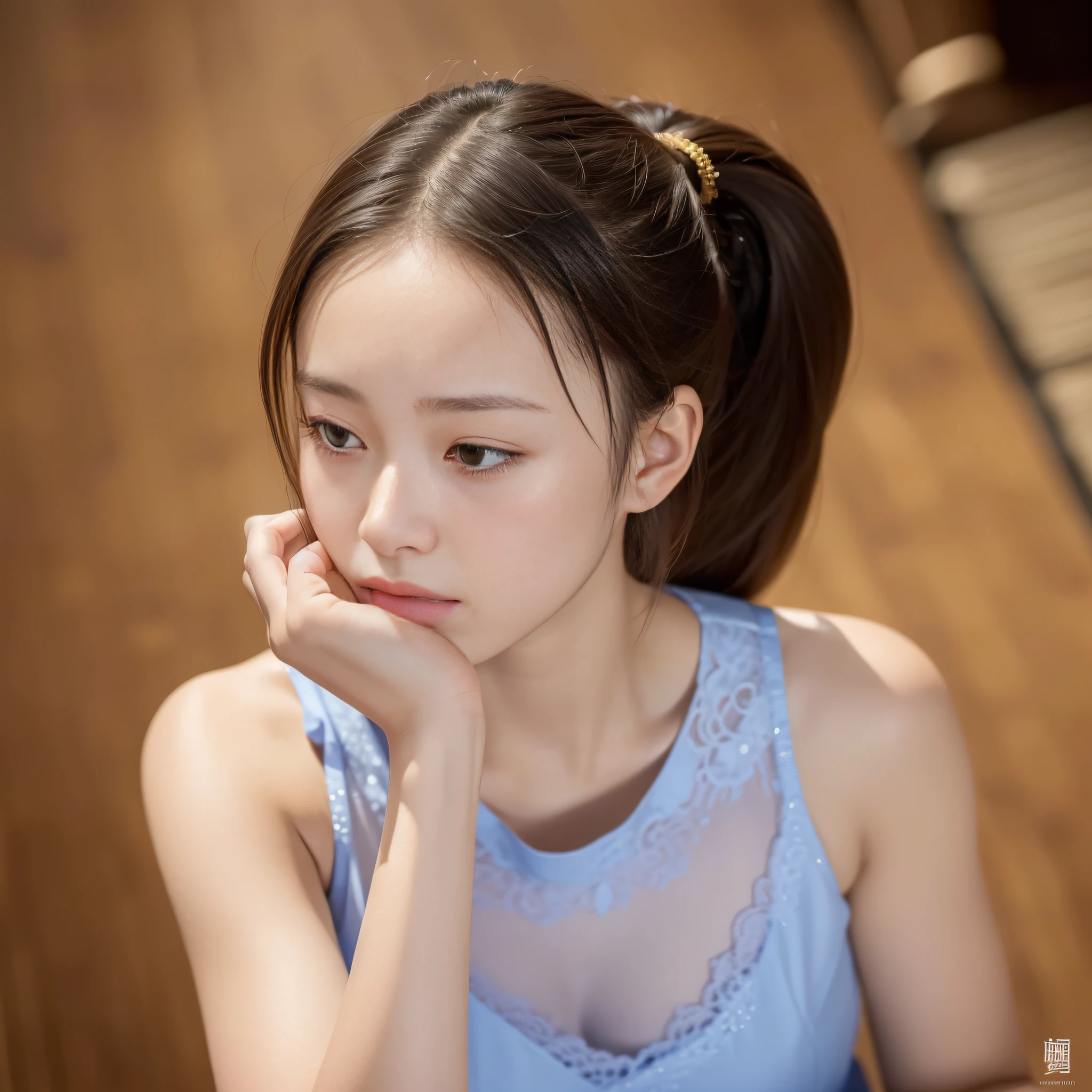 masterpiece, hyper realism, high resolution, professional photo of 1girl, upper body, playing (将棋:1.2), formal fashion, (The female participant in the将棋 tournament places her right hand on her forehead, lost in thought, contemplating her next move.:1.2)
