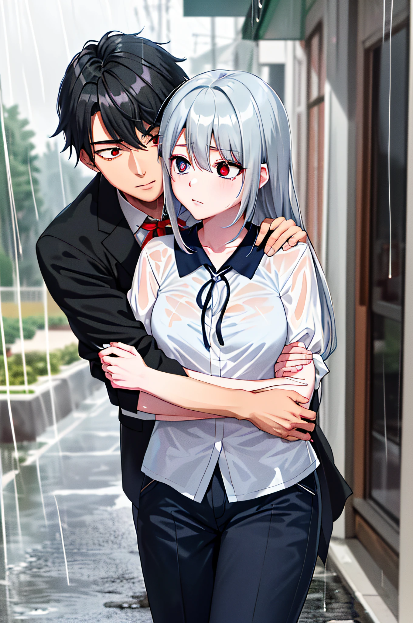 (masterpiece), (best quality), highres, ((((1girl she has gray hair with blue eyes and 1boy he has short black hair with red eyes who are classmates))))), ((((They have different hair colors and eyes do not confuse)))), (draws Kei and kiyotaka ayanokoji looking at each other), (2schoolmates who are Kei and kiyotaka ayanokoji looking at each other),  (kei1), (1girl), solo, ((((she has blue eyes)))), (she has long hair), (she wears a school uniform), ((she has ribbon)), ((she has bangs)), collarbone, she has gray hair, (she has black hair band), she has neck ribbon, hair between her eyes, she has medium breasts, cowboy shot, she is looking seriously at kiyotaka ayanokoji,  anatomically correct whole body, is standing in the street with rain falling, this with a sad and worried face, full stubborn detached, (1boy), (kiyotaka ayanokoji), 15 year old, school uniform white shirt black jacket open jacket red tie long black pants sitting, (((((he has red eyes))))), ((he has short black hair)), whole body anatomically correct, he has a necklace of jesus around his neck,  normal legs, wears black shoes, (he's looking at Kei1 or the girl), ((he's in front of kei wanting to give her his black jacket so she doesn't get wet so much)) , is facing Kei, (emotional scene), (mysterious), (detailed full escenario), (((((They're soaking with a lot of passion and hugging))))), ((((They're being wet by the rain along with their clothes))))