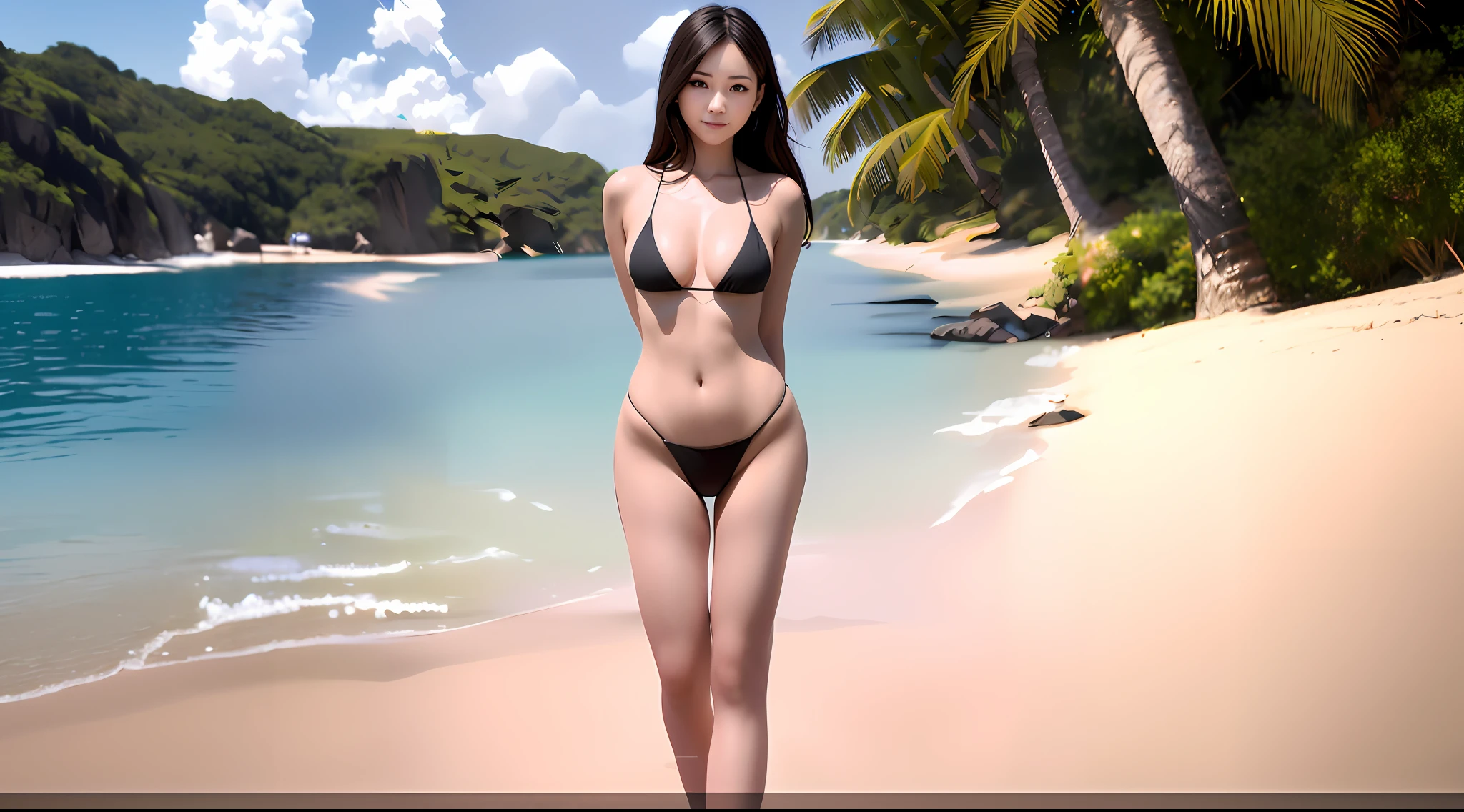 there is a woman in a bikini standing on a beach, realistic bikini, photorealistic perfect body, smooth anime cg art, realistic shaded perfect body, [ 4 k digital art ]!!, 3 d anime realistic, sakimichan hdri, korean girl, standing at the beach, photorealistic anime girl render, realistic anime 3 d style, in the beach, swimsuit