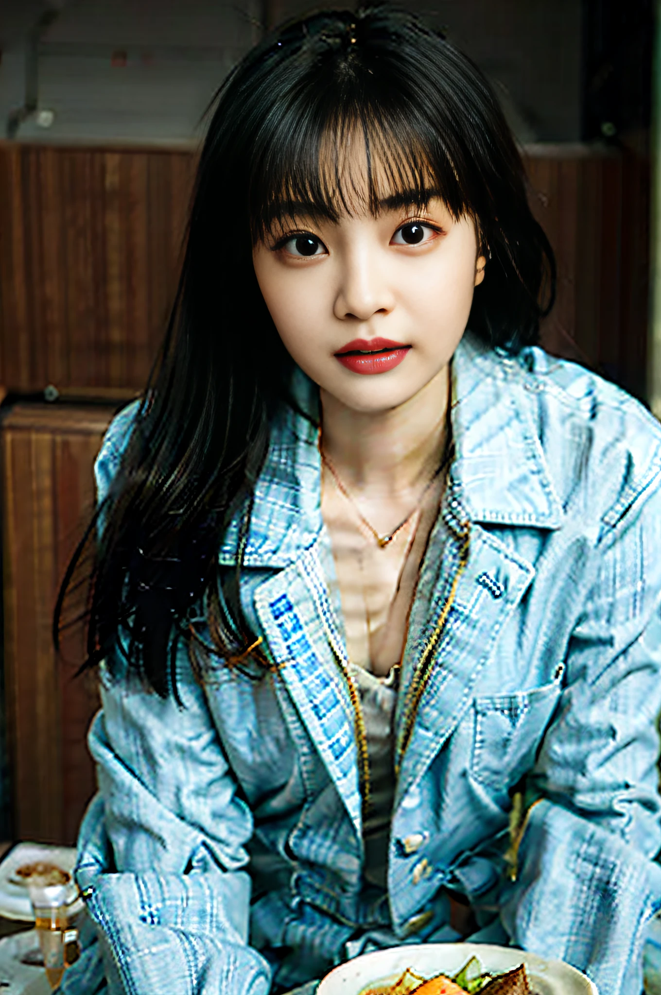 there is a young woman sitting at a table with a plate of food, jinyoung shin, lee ji - eun, lee ji-eun, chiho, park ji-min, heonhwa choe, shin min jeong, hwang se - on, sui ishida with black hair, female actress from korea, yukii morita, portrait of female korean idol