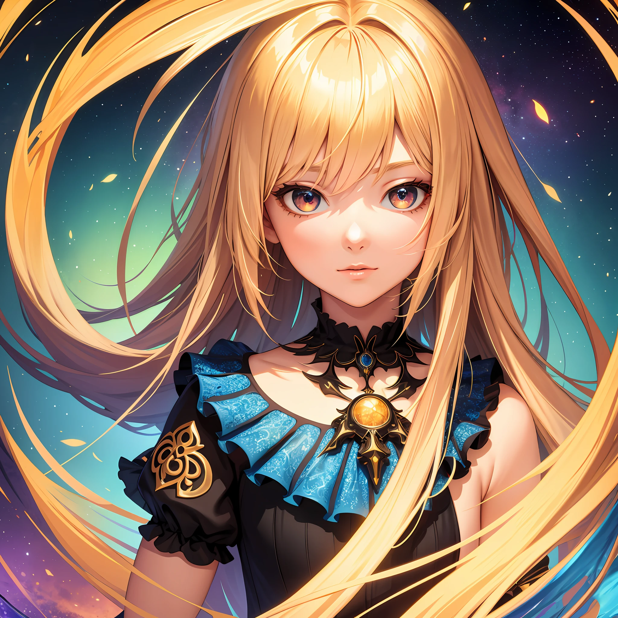 masterpiece, best quality, 1girl, fractal art, colorful, blonde hair,