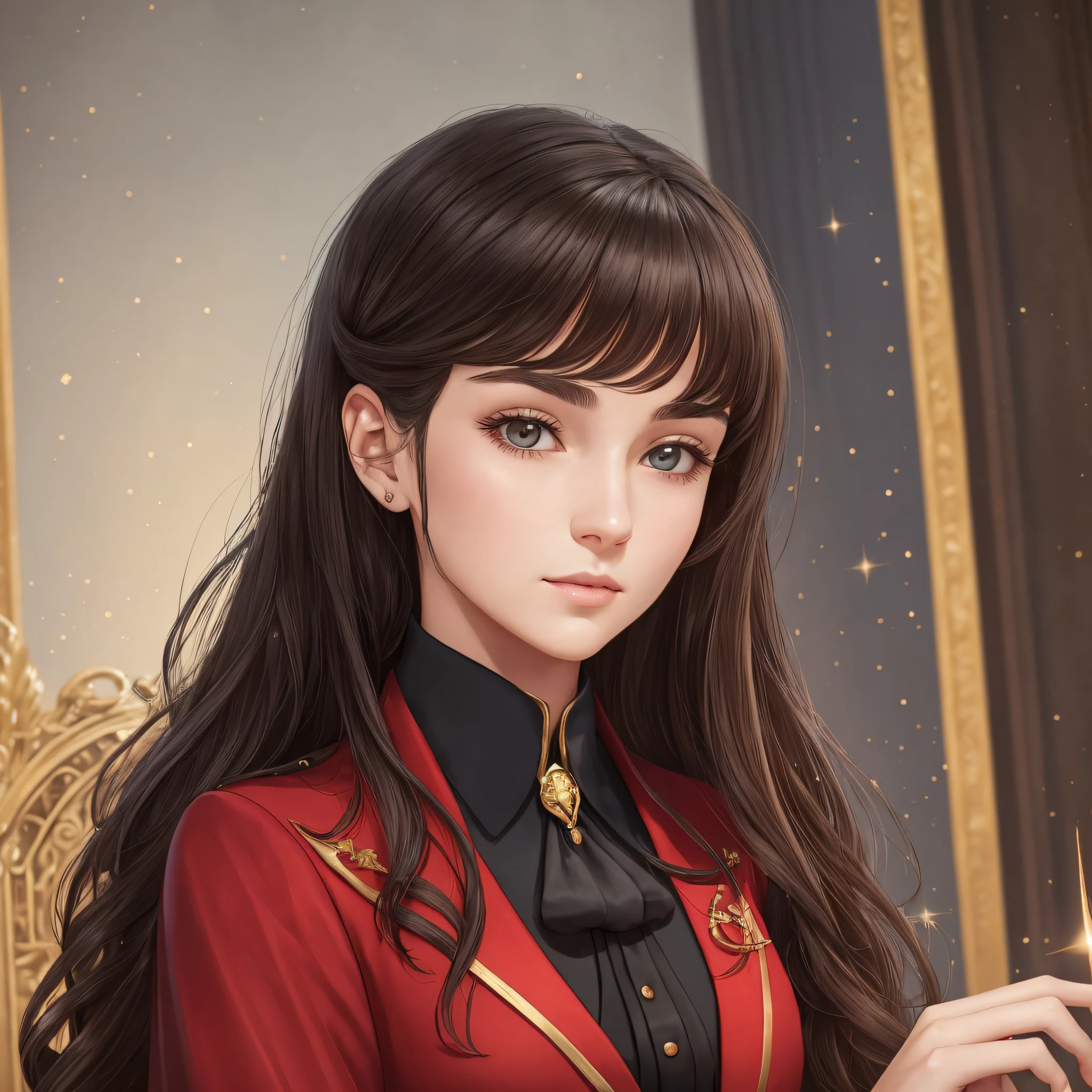 Julia Hender, a student at the University of Phoenix, the largest school of magic in the Kingdom of Lohania, in the year 1750. Julia is an extremely studious 16-year-old, devoting most of her time to the study of history and the observation of the stars through her telescope. She is known for her impeccable upbringing, her delicacy and her laid-back. Julia cares a lot about her appearance and always seeks to look beautiful. He has completely black, lightly wavy hair, light brown eyes, a curious and dreamy look, a thin face and a formal posture. Julia always wears formal attire, such as a suit and tie, with a red wizard's robe with gold accents on top. I would like the illustration to highlight these striking features, especially her beauty, thinness, and fragile health. I would like the illustration to depict her wearing formal clothes, such as a suit and tie, with a red wizard's robe on top, characteristic of the time. --auto --s2