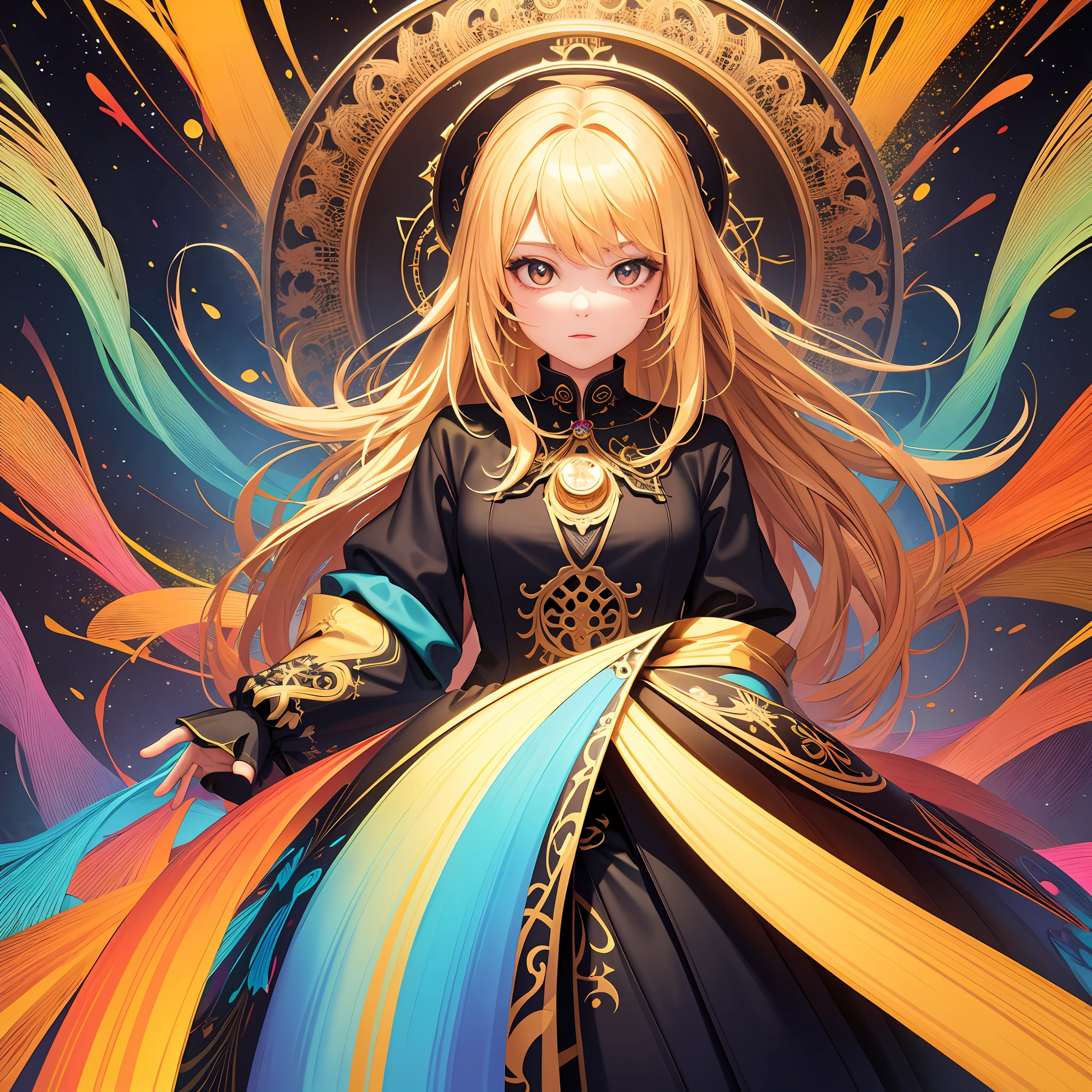 masterpiece, best quality, 1girl, fractal art, colorful, blonde hair,