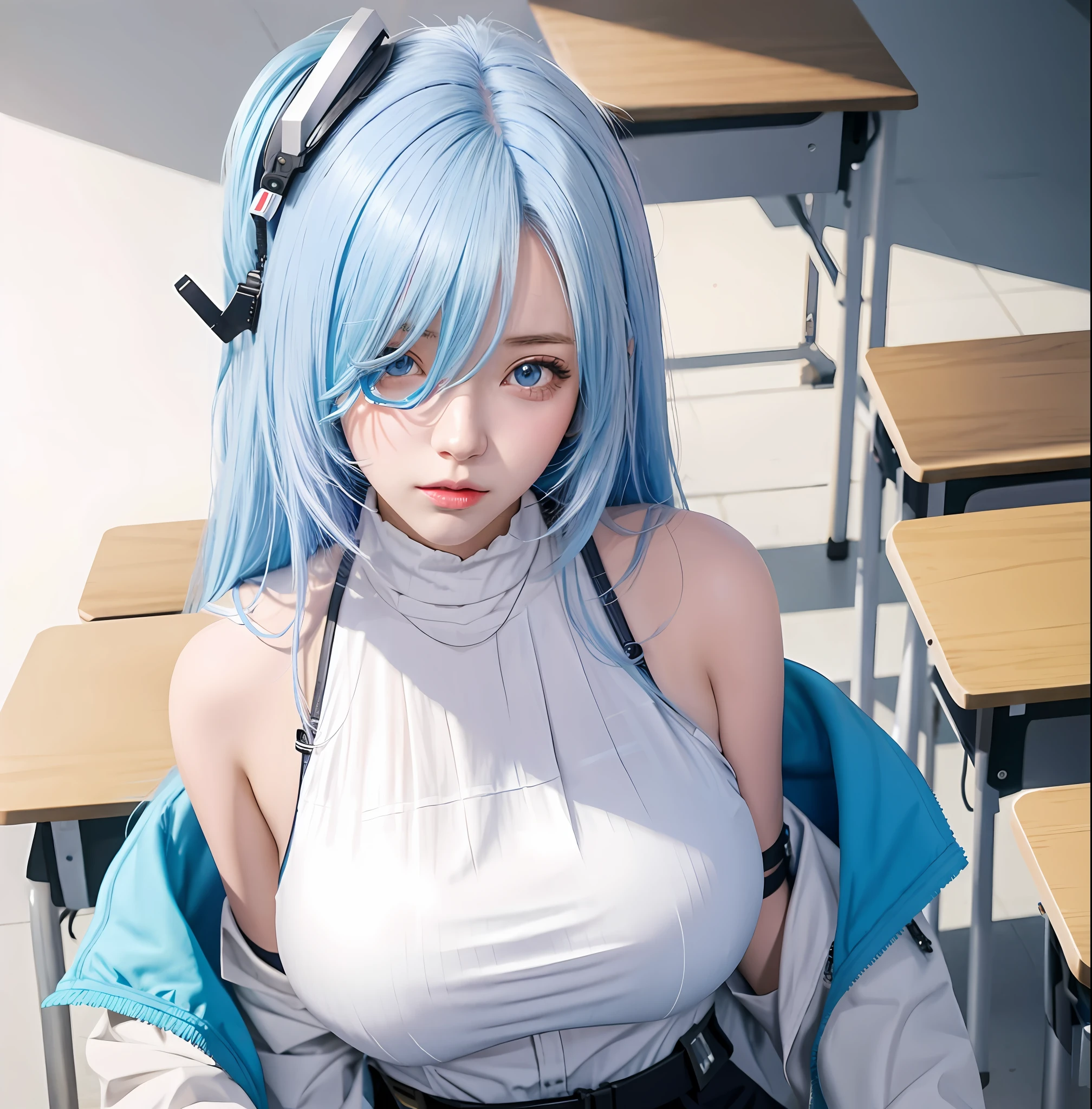 anime girl with blue hair and glasses sitting in a classroom, from girls frontline, from the azur lane videogame, seductive anime girl, from arknights, fine details. girls frontline, azur lane style, trending on cgstation, trending on artstation pixiv, anime waifu, top rated on pixiv, kantai collection style, waifu, from overwatch