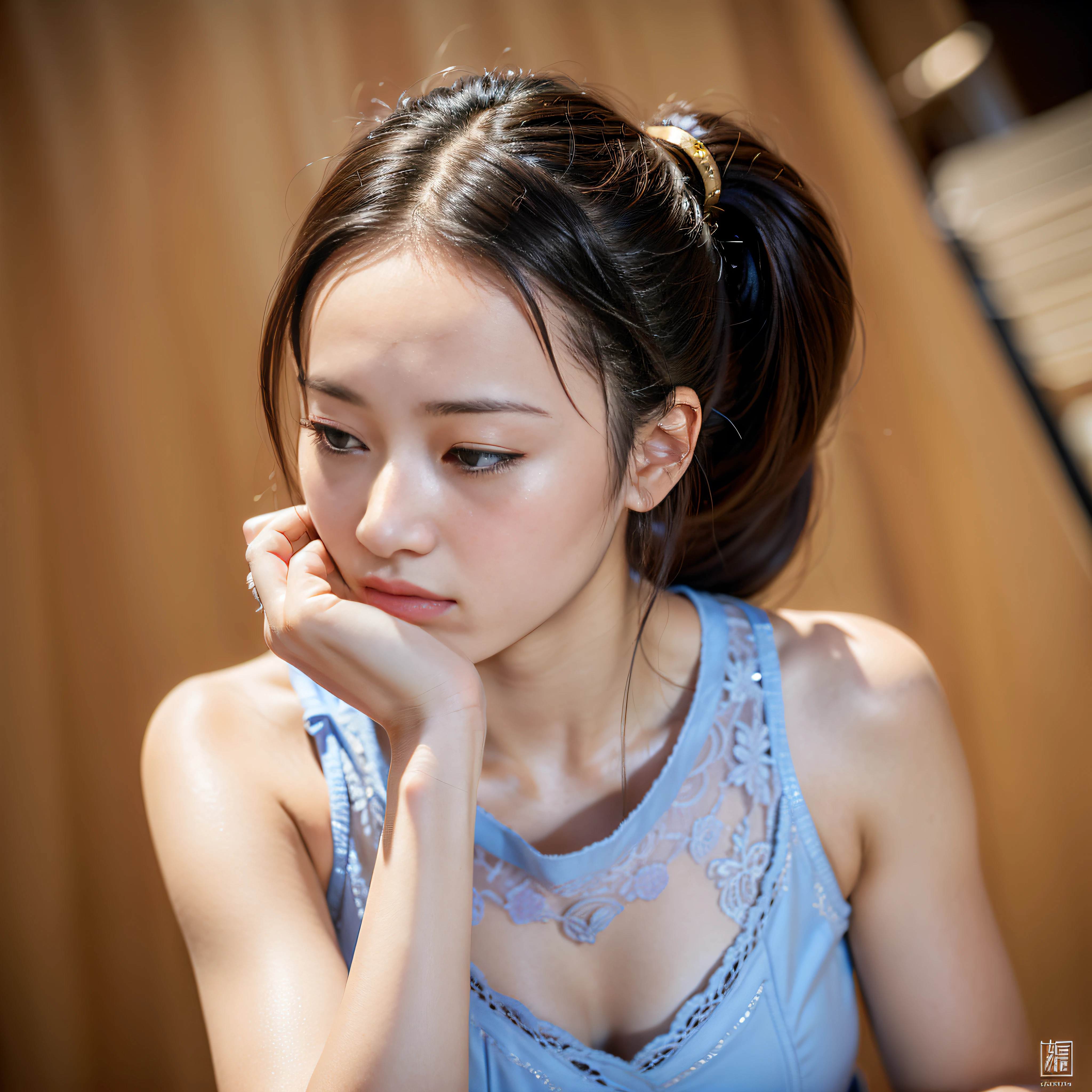 masterpiece, hyper realism, high resolution, professional photo of 1girl, upper body, playing (将棋:1.2), formal fashion, (The female participant in the将棋 tournament places her right hand on her forehead, lost in thought, contemplating her next move.:1.2)