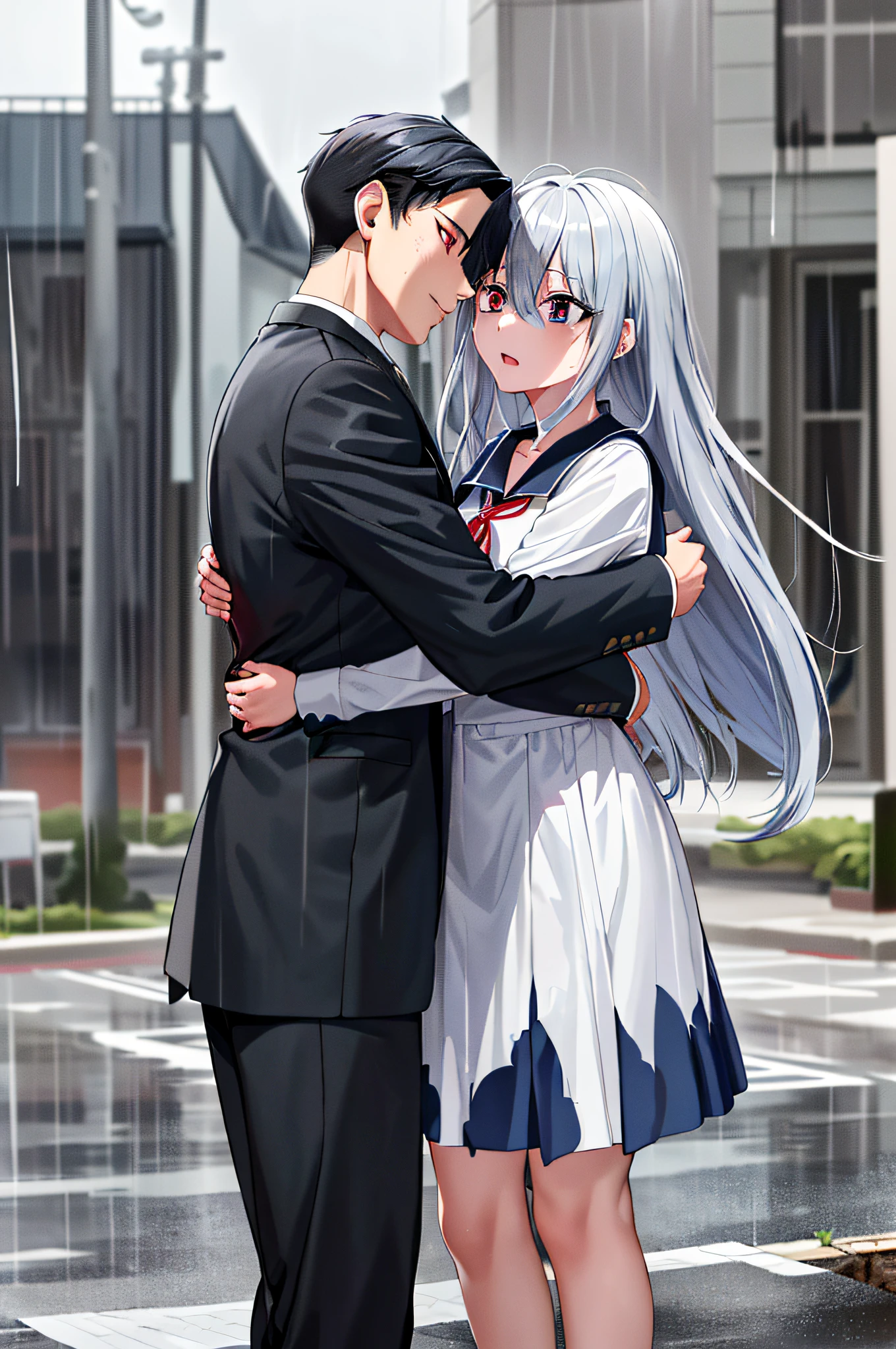 (masterpiece), (best quality), highres, ((((1girl she has gray hair with blue eyes and 1boy he has short black hair with red eyes who are classmates))))), ((((They have different hair colors and eyes do not confuse)))), (draws Kei and kiyotaka ayanokoji looking at each other), (2schoolmates who are Kei and kiyotaka ayanokoji looking at each other), (kei1), (1girl), solo, ((((she has blue eyes)))), (she has long hair), (she wears a school uniform), (she has ribbon), (she has bangs), collarbone, she has gray hair, she has black hair band, she has neck ribbon, hair between her eyes, she has medium breasts, cowboy shot, she is looking seriously at kiyotaka ayanokoji, anatomically correct whole body, is standing in the street with rain falling, this with a sad and worried face, full stubborn detached, (1boy), (kiyotaka ayanokoji), , school uniform white shirt black jacket open jacket red tie long black pants sitting, (((((he has red eyes))))), ((he has short black hair)), whole body anatomically correct, he has a necklace of jesus around his neck, normal legs, wears black shoes, (he's looking at Kei1 or the girl), ((he's in front of kei wanting to give her his black jacket so she doesn't get wet so much)) , is facing Kei, (emotional scene), (mysterious), (detailed full escenario), (((((They're soaking with a lot of passion and hugging))))), ((((They're being wet by the rain along with their clothes))))