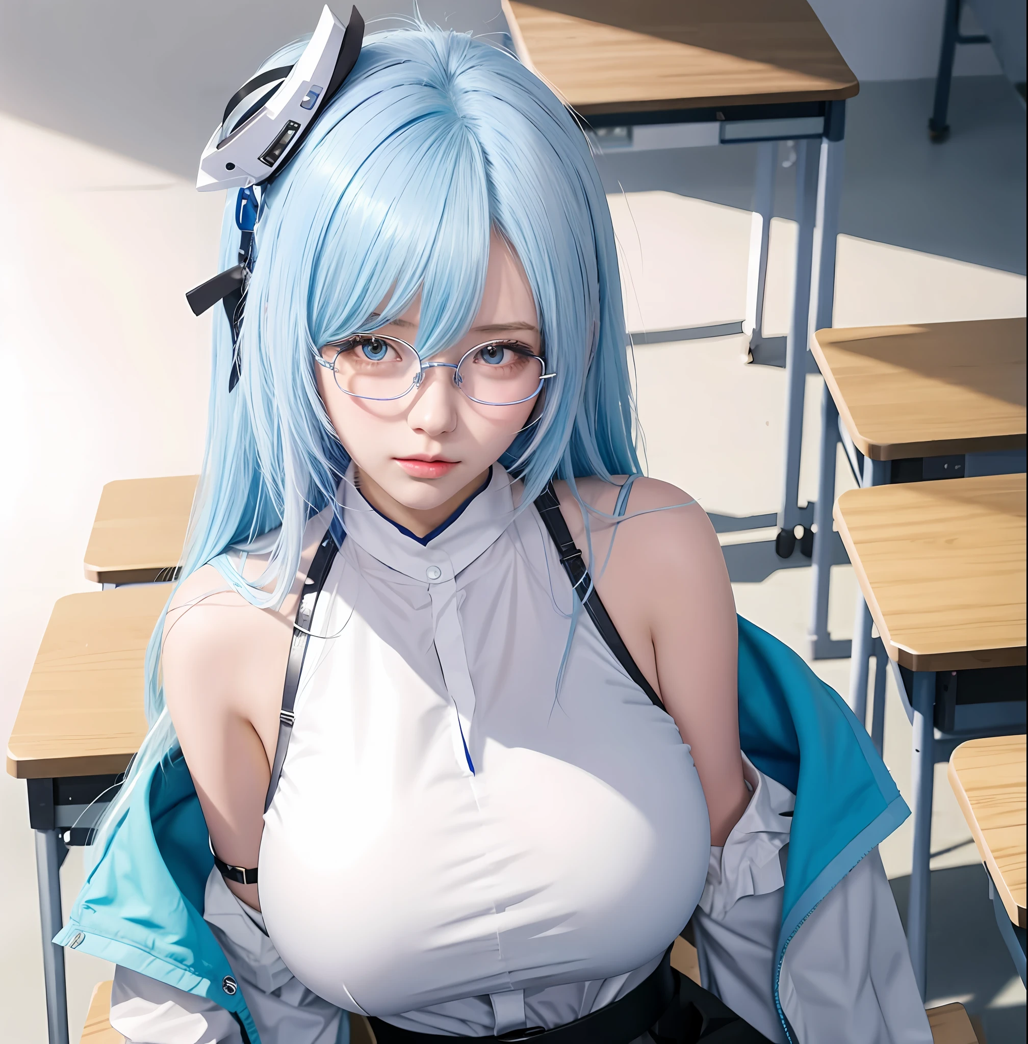 anime girl with blue hair and glasses sitting in a classroom, from girls frontline, from the azur lane videogame, seductive anime girl, from arknights, fine details. girls frontline, azur lane style, trending on cgstation, trending on artstation pixiv, anime waifu, top rated on pixiv, kantai collection style, waifu, from overwatch