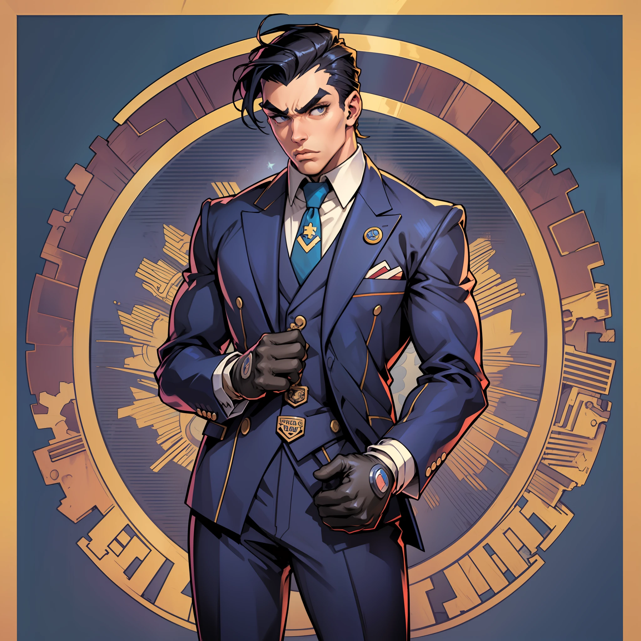 (an American man:1.2),(a stylish suit),(wearing gloves on his hands),(a peculiar face:0.7,a prominent nose, thick eyebrows),peculiar art from Jojo's Bizarre Adventure. --auto --s2