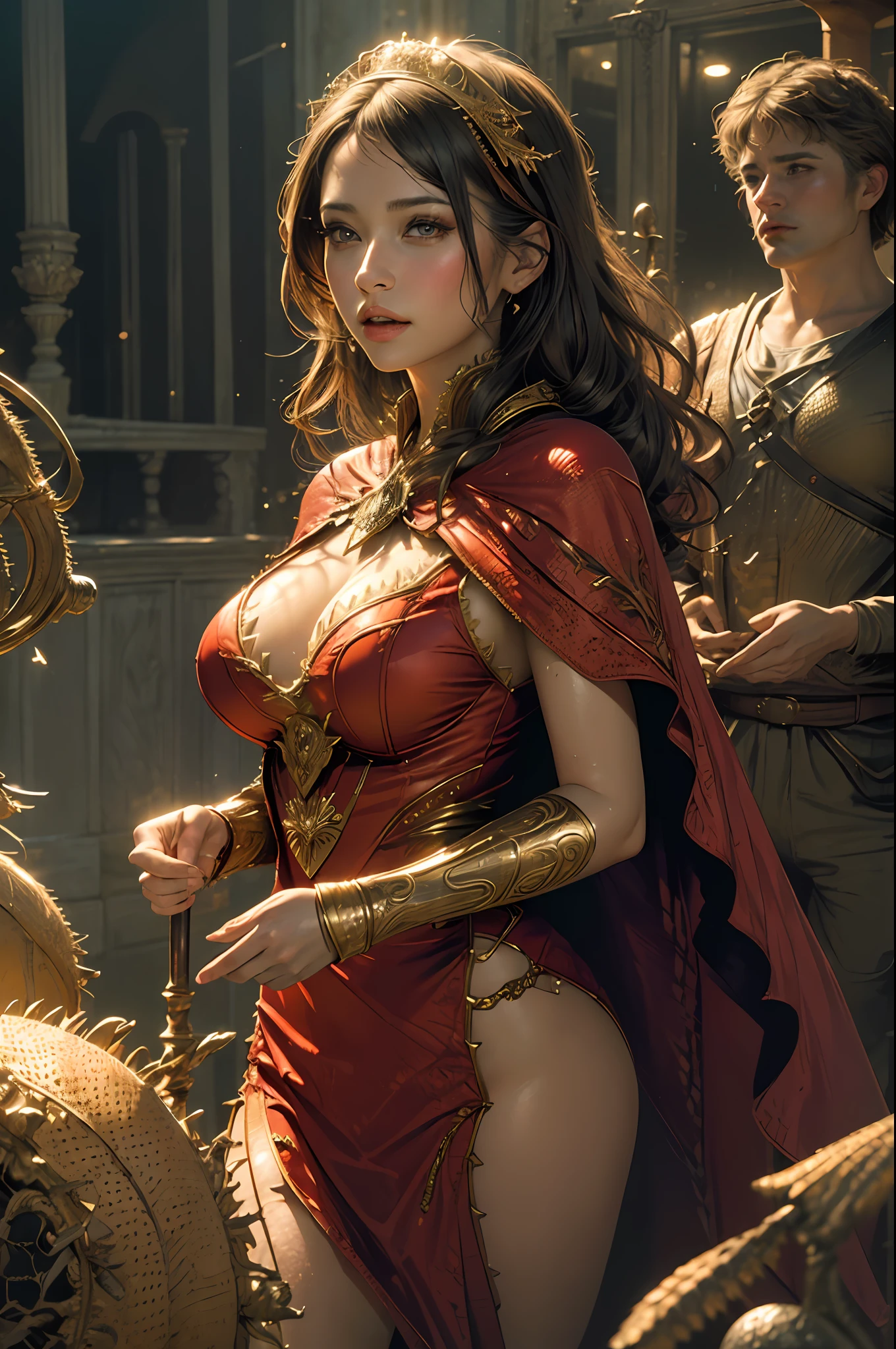 ((masterpiece))), (((best quality))), ((ultra-detailed)), (hyperrealistic), (highly detailed CG illustration), cinematic light, photorealistic ,extremely beautiful young lady, light makeup, big breast, intricate detailed eaba, red cape, spear , big breasts, (micro dress honeycomb texture:1.2)