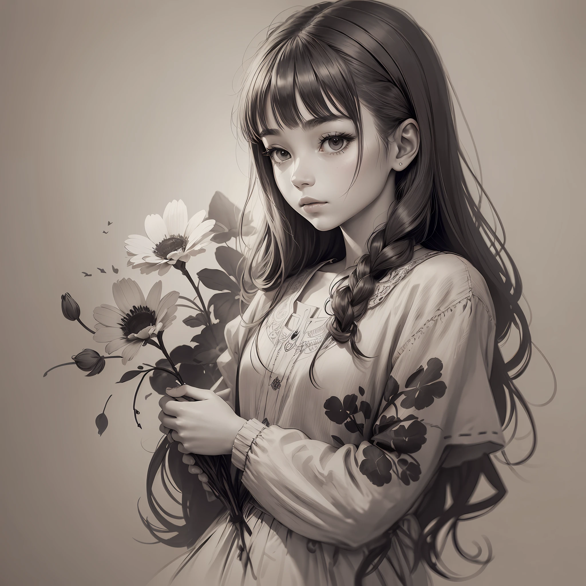 A girl looks down with a flower in her hand, antler headdress, strong silhouette, sketch, contour sketch, ink outline, simple drawing --auto --s2