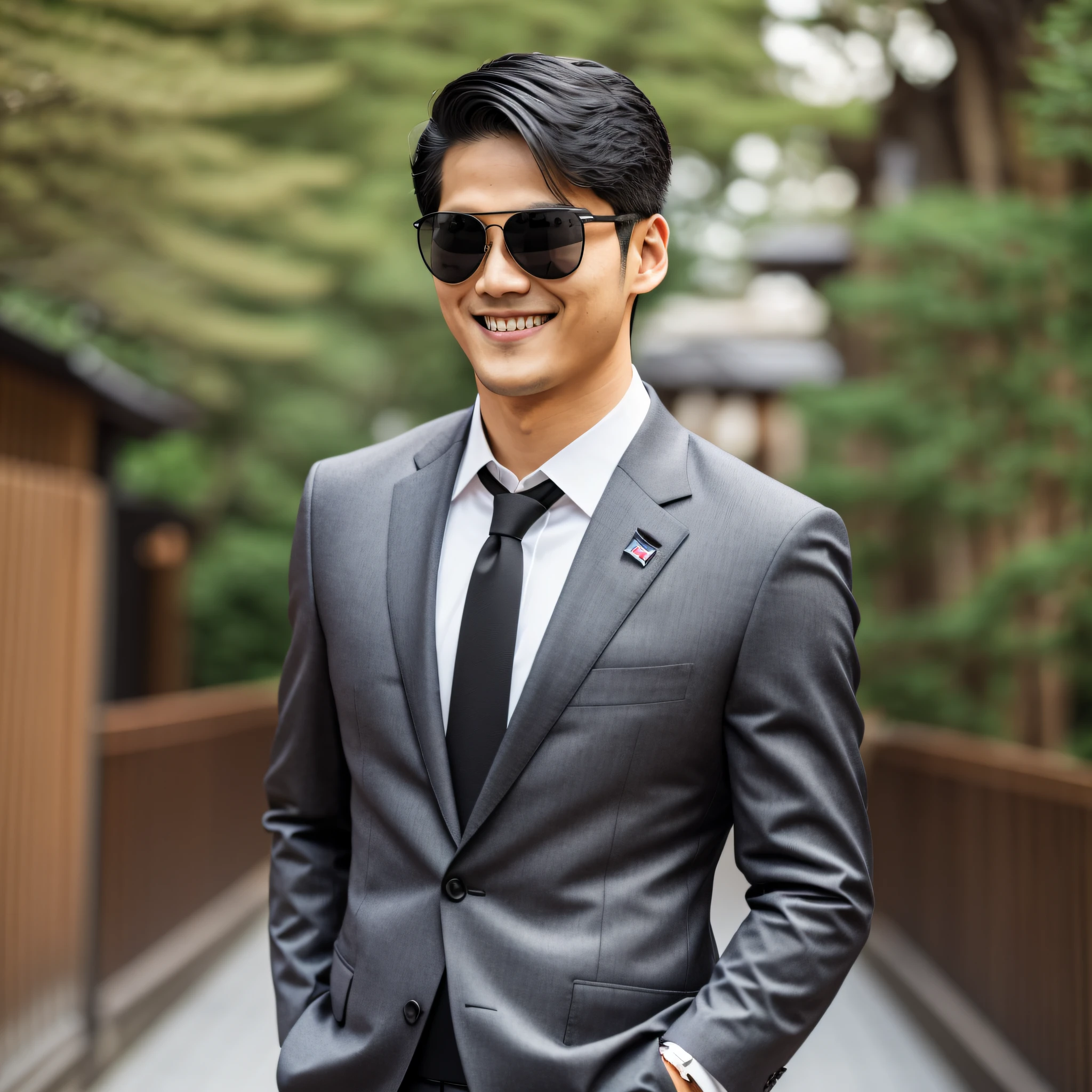 , th3r0ck, wearing black sunglasses, smile, beardless, Japan, Shohei Otani, suit, Y-shirt, outdoors, 8k uhd, dslr, high quality --auto --s2
