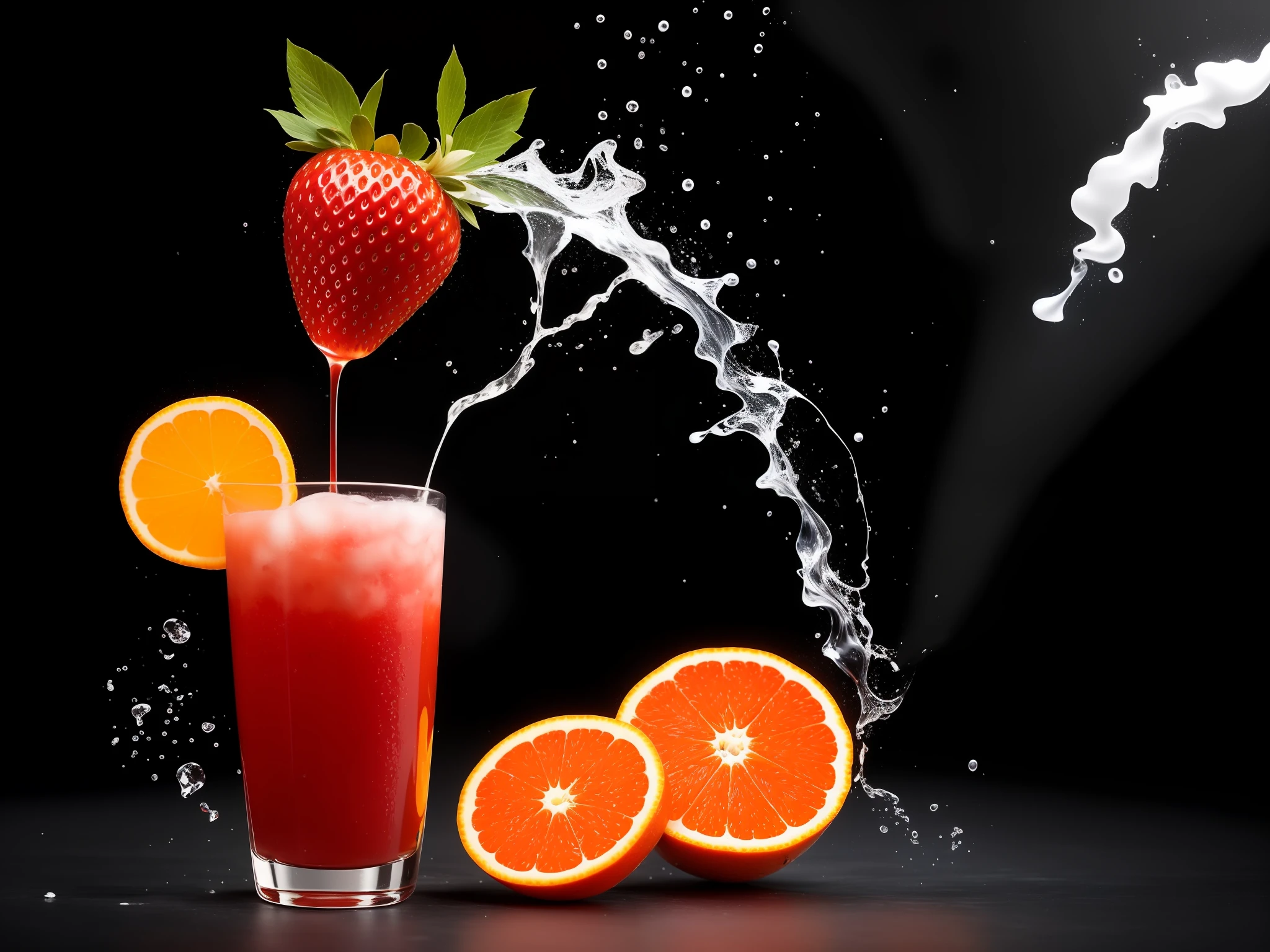 (Cinematic photo: 1.3) from (Realistic: 1.3) a studio photo of (exploding: 0.2) (Fruits in low gravity: 1.1) (Splashes: 0.9) a glass of water with strawberries, oranges and blueberries, splash image, full-color, on a screen, liquid splashes, drinks, fruits in strong red tone, hgh, evokes pleasure, by Fred Marcellino, top selection on unsplash, professional food photography, art photography, black background