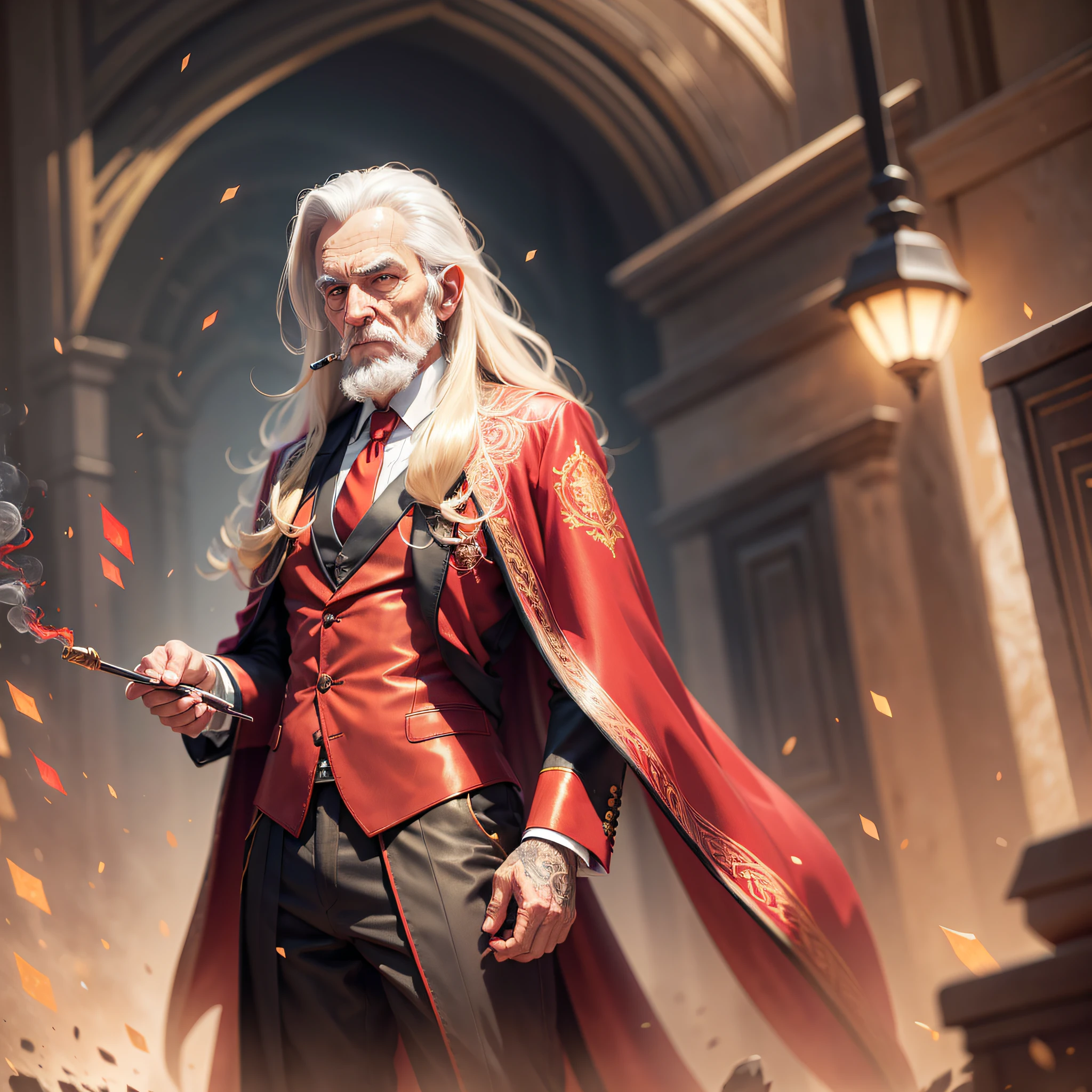 Old man, magician, 70 years old, meek look, smoking pipe, contemplation posture, long hair, straight hair, straight beard, wearing red and gold tailoring, red suit and tie, formal, professor, college professor, at a old university, robe, red and gold robe, red eyes, (Best Quality), (Highly Detailed), (8k, 4k, Intricate), (Full Body Shot: 1), (85 mm), light particles, lighting, (highly detailed: 1.2), (face detailed: 1.2), (gradients), sfw, color, (eyes detailed: 1.2) (background detailed), landscape detailed, (dynamic angle: 1.2 ), (dynamic mode: 1.2), (third configuration rule: 1.3), (work path: 1.2), (Dramatic), (Vivid), (whole body), (highly detailed artwork), (cromatic aberration) (red) --auto --s2