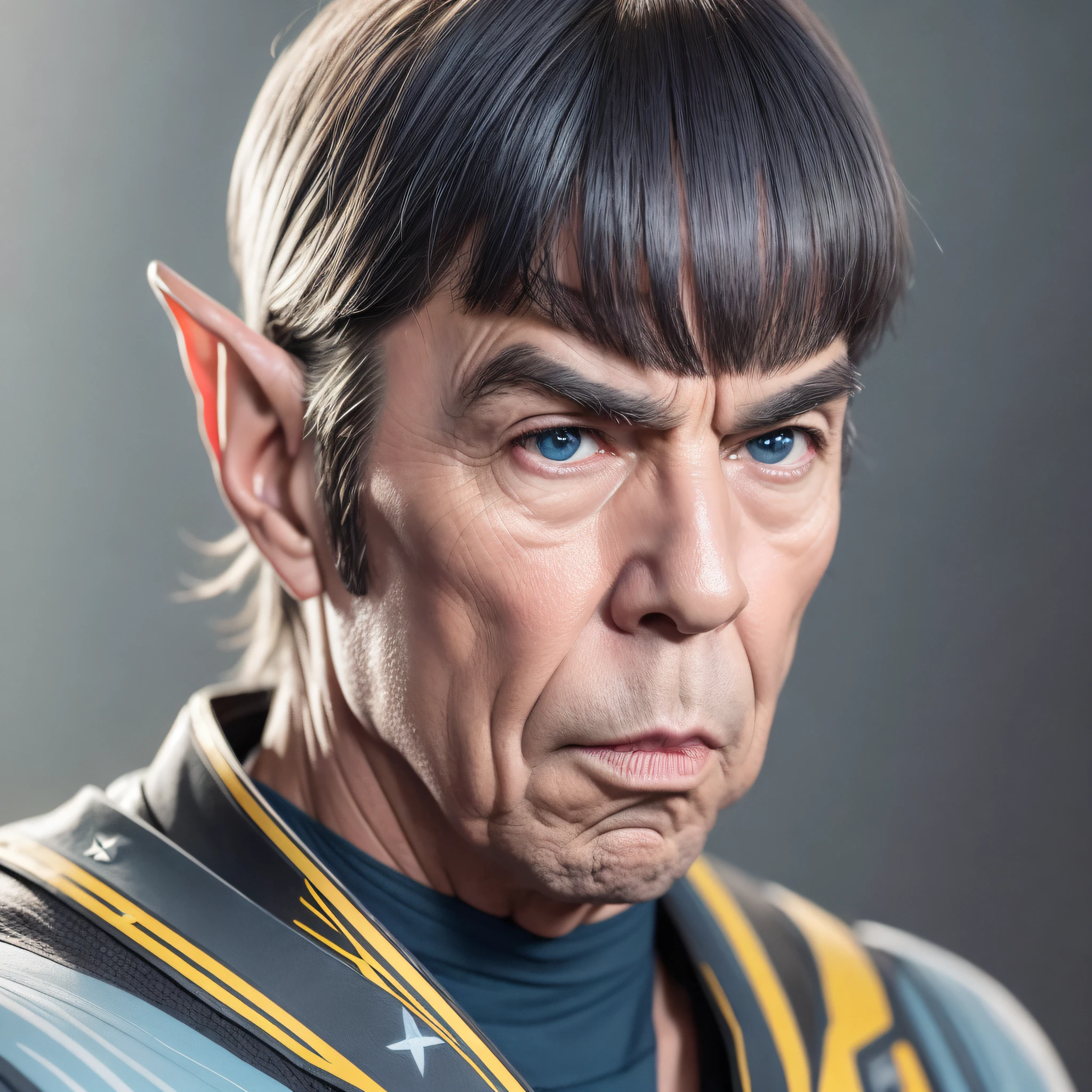 Capture a hyper-realistic portrait of Spock, the iconic character from Star Trek. Set the scene in a dimly lit room with a subtle blue backlight, creating a futuristic ambiance. Spock should be portrayed in a close-up shot, emphasizing his signature Vulcan features, including the pointed ears and raised eyebrows. Pay attention to the intricate details of his facial structure, capturing every nuance and wrinkle with precision. Utilize a high-resolution camera, such as a Nikon D850, paired with a prime lens like the Nikkor 85mm f/1.4. Opt for a shallow depth of field to create a soft background blur, allowing Spock's face to be the focal point. Enhance the realism by adding a touch of film grain reminiscent of classic Star Trek episodes. This portrait should exude intelligence, calmness, and the enigmatic allure of the beloved character. --auto --s2