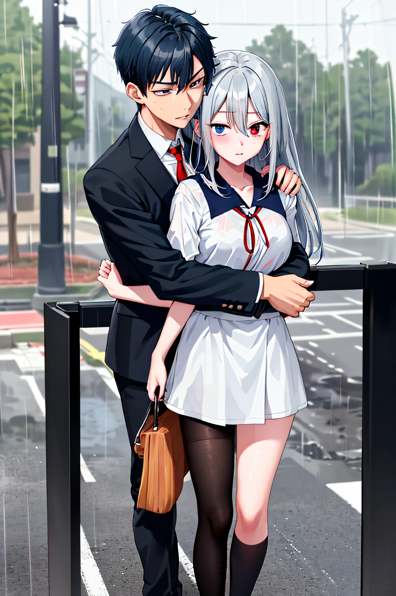 (masterpiece), (best quality), highres, ((((1girl she has gray hair with blue eyes and 1boy he has short black hair with red eyes who are classmates))))), ((((They have different hair colors and eyes do not confuse)))), (draws Kei and kiyotaka ayanokoji looking at each other), (2schoolmates who are Kei and kiyotaka ayanokoji looking at each other),  (kei1), (1girl), solo, ((((she has blue eyes)))), (she has long hair), (she wears a school uniform), (she has ribbon), (she has bangs), collarbone, she has gray hair, she has black hair band, she has neck ribbon, hair between her eyes, she has medium breasts, cowboy shot, she is looking seriously at kiyotaka ayanokoji,  anatomically correct whole body, is standing in the street with rain falling, this with a sad and worried face, full stubborn detached, (1boy), (kiyotaka ayanokoji), 15 year old, school uniform white shirt black jacket open jacket red tie long black pants sitting, (((((he has red eyes))))), ((he has short black hair)), whole body anatomically correct, he has a necklace of jesus around his neck,  normal legs, wears black shoes, (he's looking at Kei1 or the girl), ((he's in front of kei wanting to give her his black jacket so she doesn't get wet so much)) , is facing Kei, (emotional scene), (mysterious), (detailed full escenario), (((((They're soaking with a lot of passion and hugging))))), ((((They're being wet by the rain along with their clothes))))