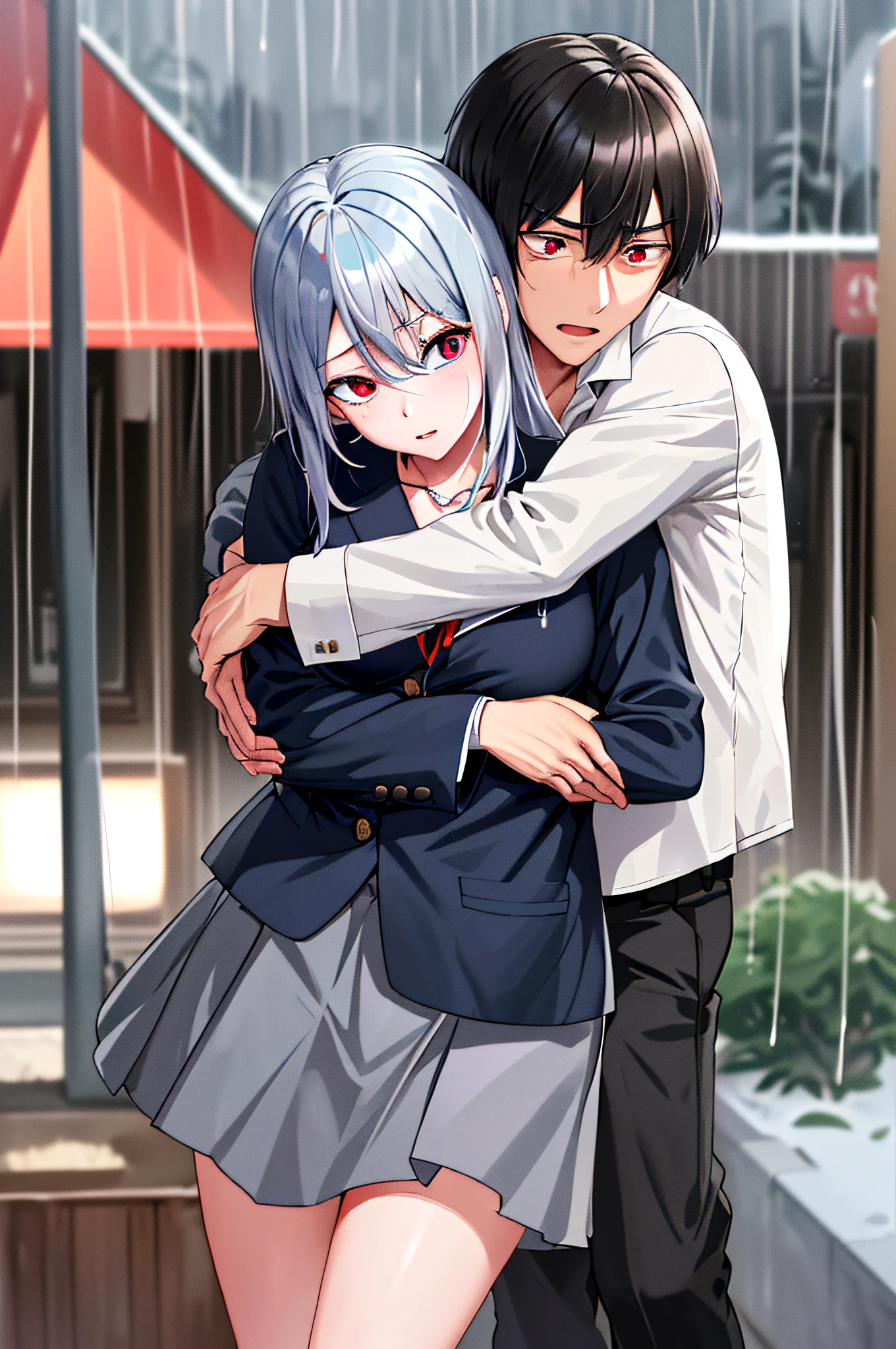 (masterpiece), (best quality), highres, ((((1girl she has gray hair with blue eyes and 1boy he has short black hair with red eyes who are classmates))))), ((((They have different hair colors and eyes do not confuse)))), (draws Kei and kiyotaka ayanokoji looking at each other), (2schoolmates who are Kei and kiyotaka ayanokoji looking at each other),  (kei1), (1girl), solo, ((((she has blue eyes)))), (she has long hair), (she wears a school uniform), (she has ribbon), (she has bangs), collarbone, she has gray hair, she has black hair band, she has neck ribbon, hair between her eyes, she has medium breasts, cowboy shot, she is looking seriously at kiyotaka ayanokoji,  anatomically correct whole body, is standing in the street with rain falling, this with a sad and worried face, full stubborn detached, (1boy), (kiyotaka ayanokoji), 15 year old, school uniform white shirt black jacket open jacket red tie long black pants sitting, (((((he has red eyes))))), ((he has short black hair)), whole body anatomically correct, he has a necklace of jesus around his neck,  normal legs, wears black shoes, (he's looking at Kei1 or the girl), ((he's in front of kei wanting to give her his black jacket so she doesn't get wet so much)) , is facing Kei, (emotional scene), (mysterious), (detailed full escenario), (((((They're soaking with a lot of passion and hugging))))), ((((They're being wet by the rain along with their clothes))))