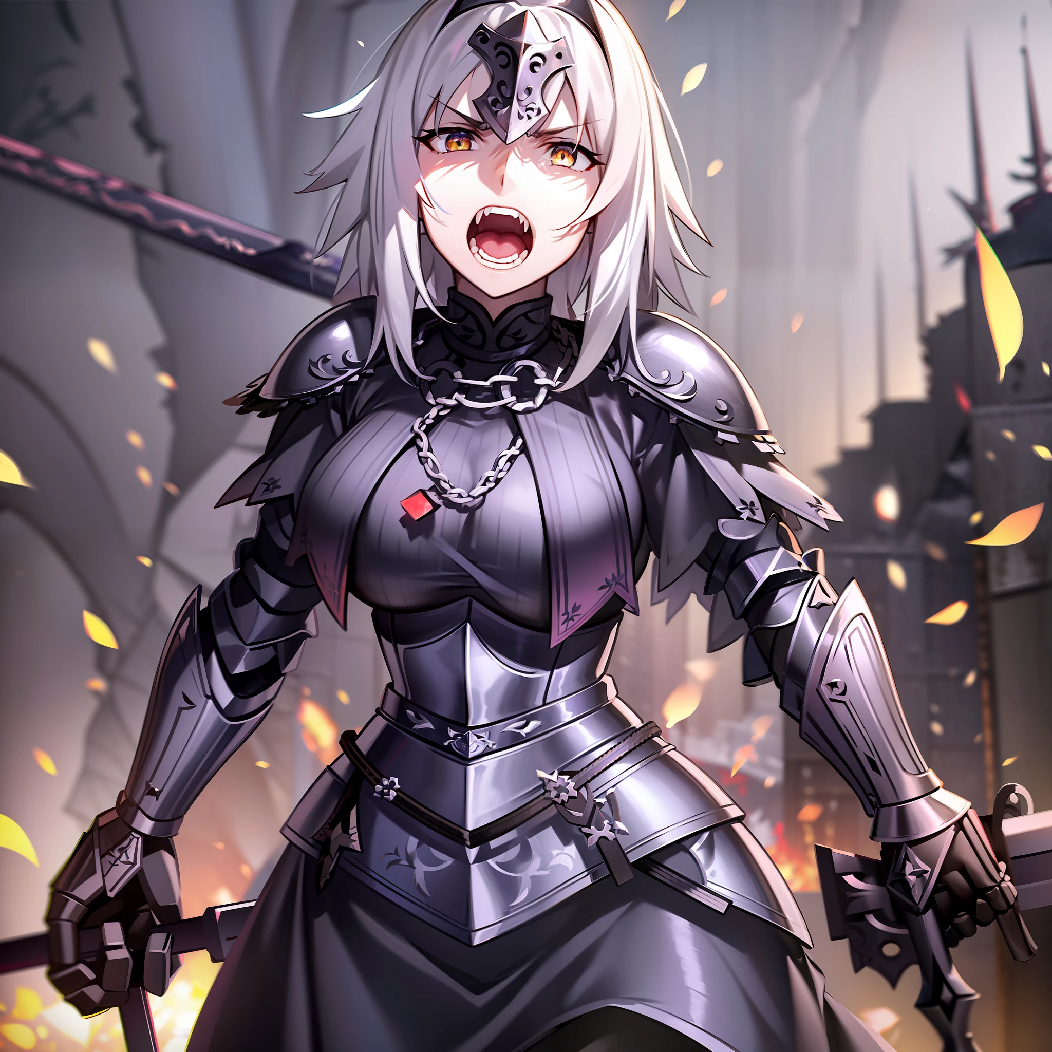 Jeanne D'arc Alter, Fate, Jeanne D'arc Alter with a black sword in her hand raised upwards on a battlefield, 8k, japanese anime style, high resolution, perfect hand, perfect eye, detailed eye, detailed hand, armor, black and purple armor, raised hand, screaming, angry expression, 2D illustration ,short silver hair, silver hair, detailed hair, golden eyes, golden eyes shining, detailed eyes, eyes shining, midday sunlight, destruction, medieval battle in the background