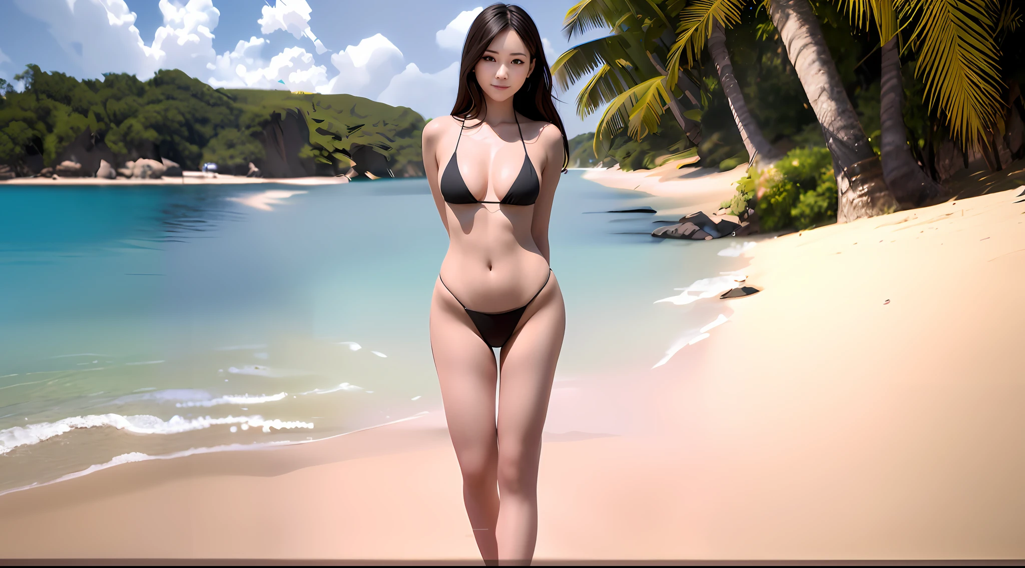 there is a woman in a bikini standing on a beach, realistic bikini, photorealistic perfect body, smooth anime cg art, realistic shaded perfect body, [ 4 k digital art ]!!, 3 d anime realistic, sakimichan hdri, korean girl, standing at the beach, photorealistic anime girl render, realistic anime 3 d style, in the beach, swimsuit