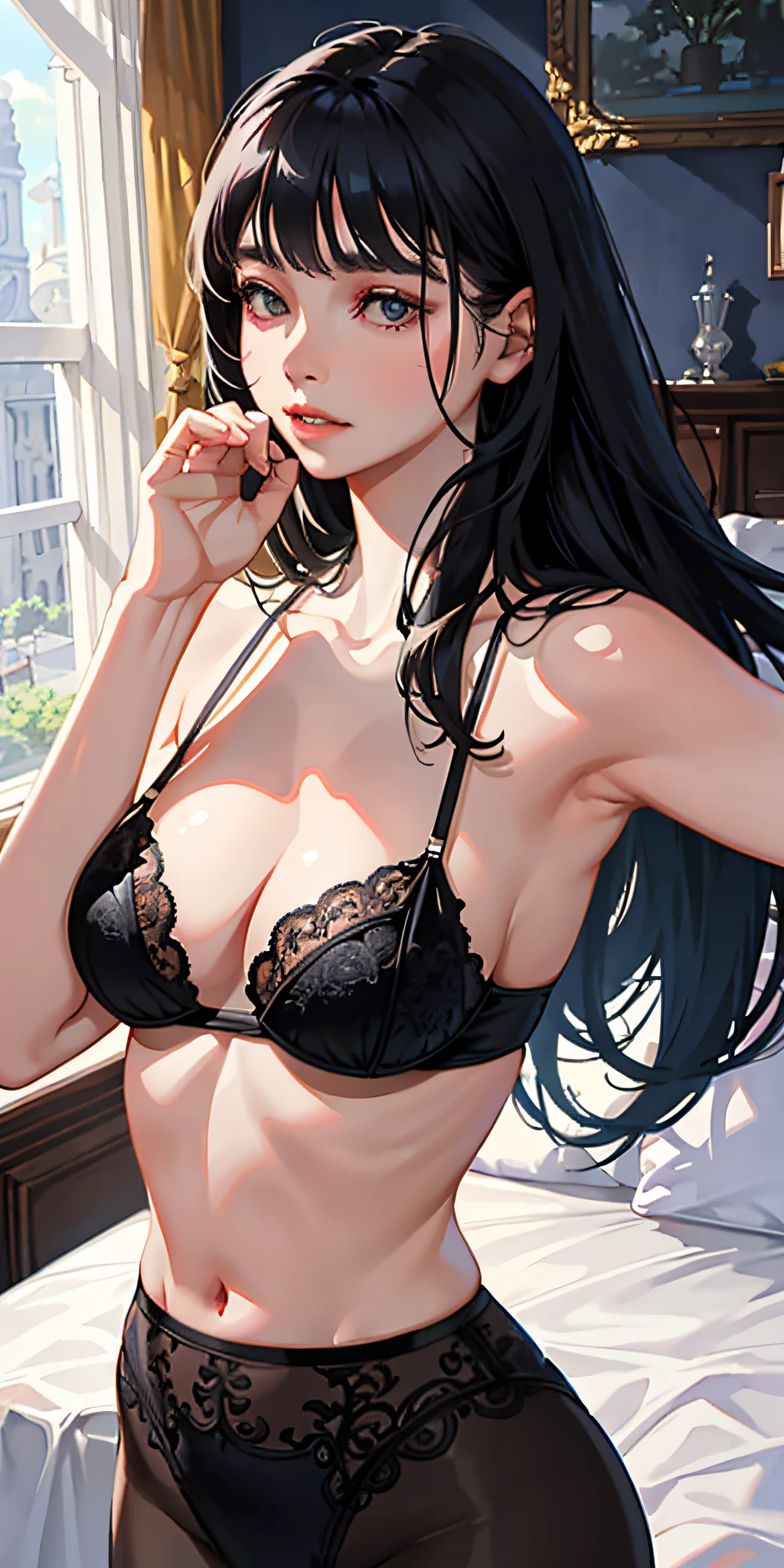 Best, Ultra High Quality, (Realistic, Photorealistic), Instagram (Photorealistic, HDTV: 1.4), Best Quality, Solo, Big, Indoors, See-through, Floral Bra Misalignment, Side Tie T-Back, Sprawl, From Top, Arm Outstretched, Thin Five Fingers, Anger, Bed, Disheveled Floral Underwear, Rough Breath, Sexual Expression, Black Hair, Long Hair