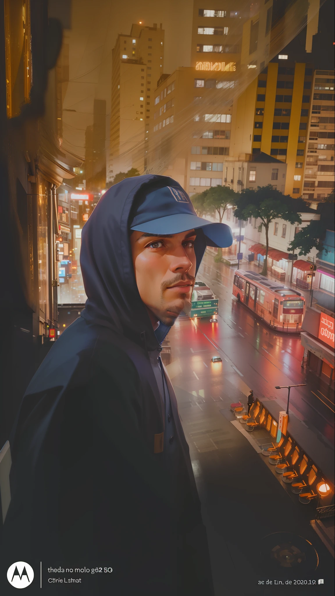 there is a man standing on a balcony looking at the camera, portrait shot 8 k, mid shot portrait, standing in a city street, inspired by Liam Wong, rainy streets in the background, profile shot, in city street at night, street pic, in a city, with a city in the background, overlooking a dark street, at a city street