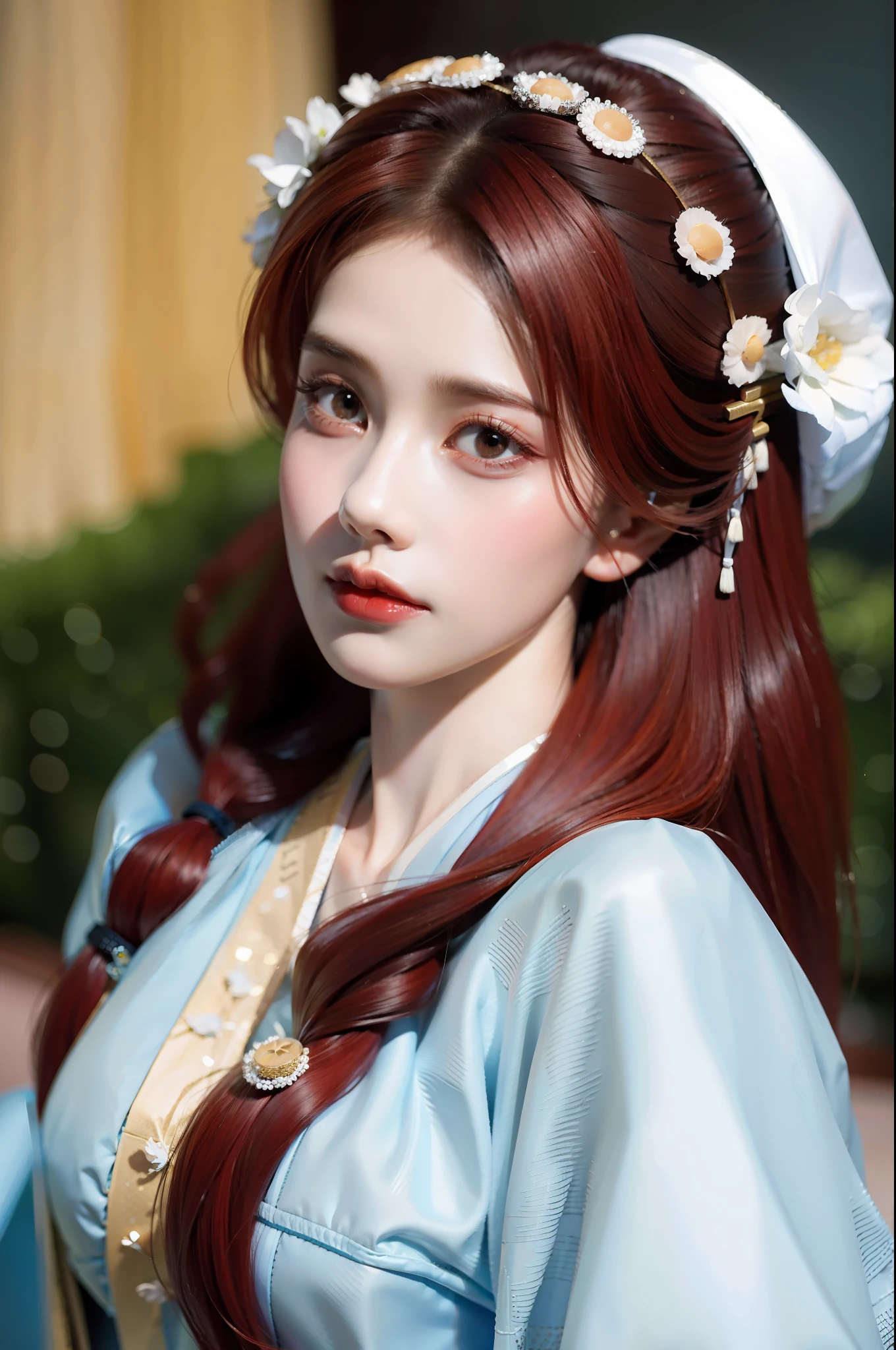 1 girl, red hair, white hanfu, close-up,