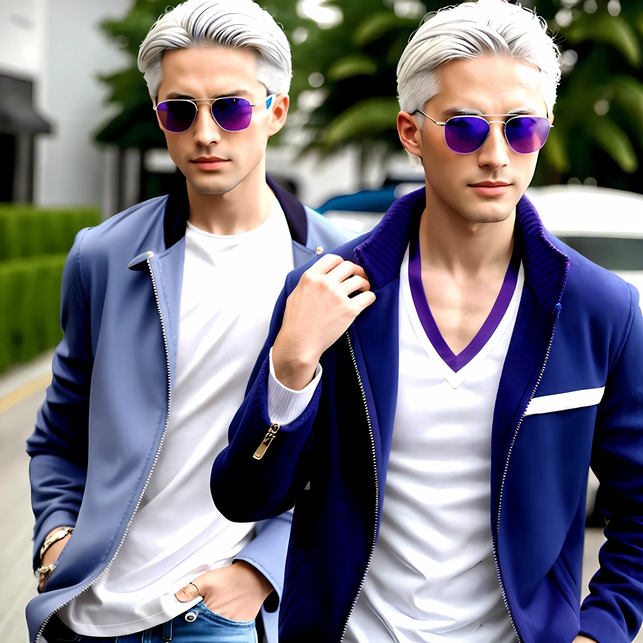 Klein blue, white hair, purple sunglasses