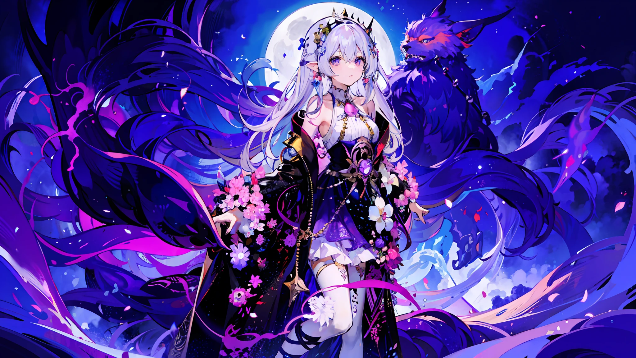 Anime girl with long white hair and purple dress standing in front of the full moon, full body fairy,