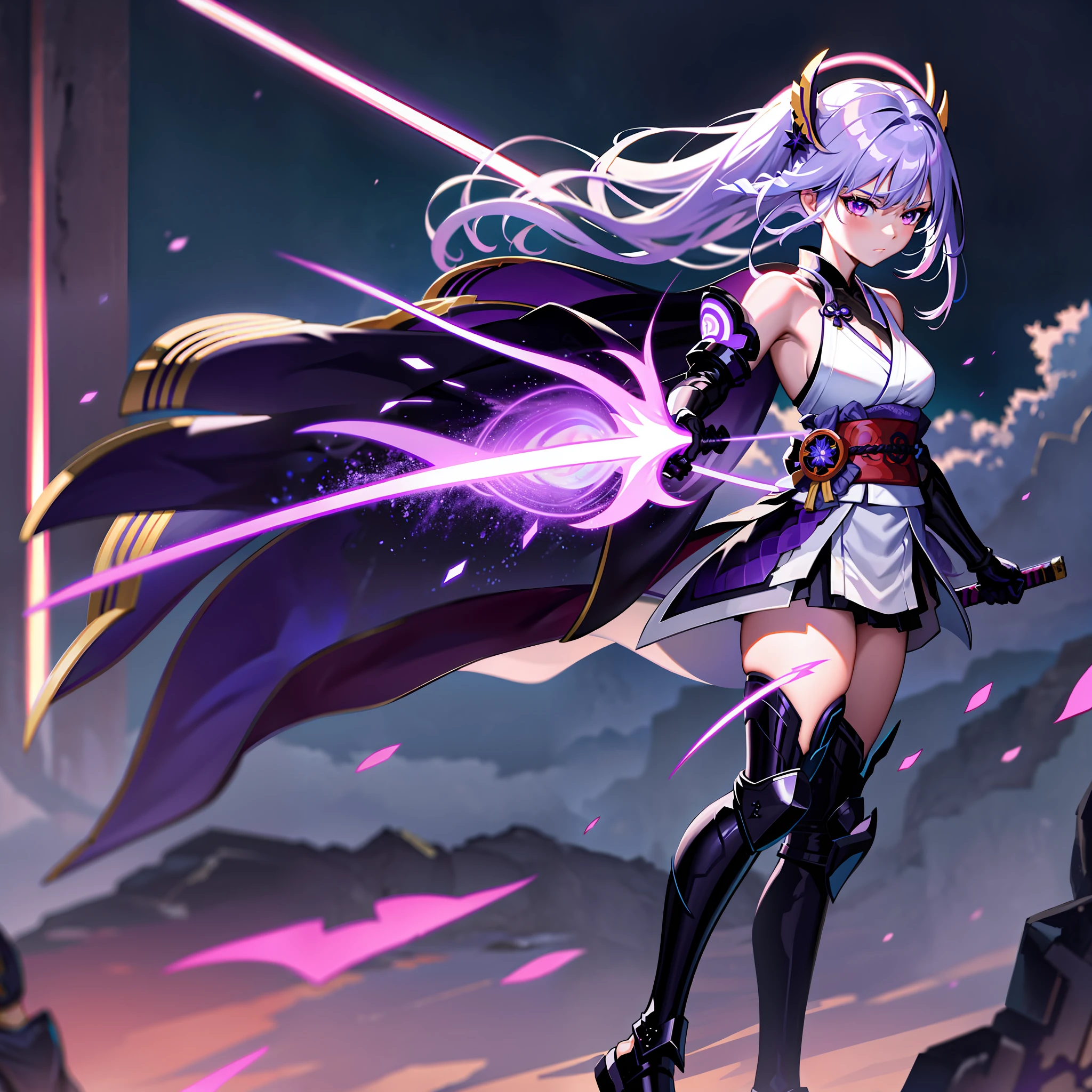 raiden shogun, 1girl, storm, masterpiece, best quality, long hair,purple hair, gloves,purple eyes, thighhighs, holding holding sword, detached sleeves, black gloves, japanese armor, kimono, lightning, halo, neon wings