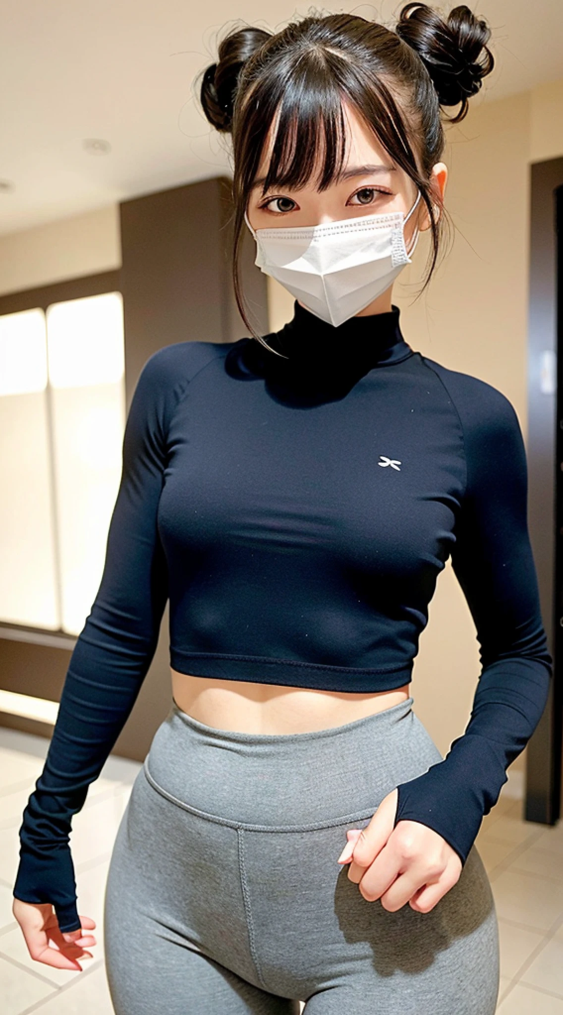 (8k: 1.27), top quality, masterpiece, super high definition: 1.2) Cute Japan woman photo, 31 years old, medium hair tied back, (tight navy polo shirt: 1.2), (light gray sports leggings: 1.5), serious expression, sexy body, plump body, mask, shot in the operating room, full body image, surgical gloves, (small eyes: 1.5), dark eye makeup,