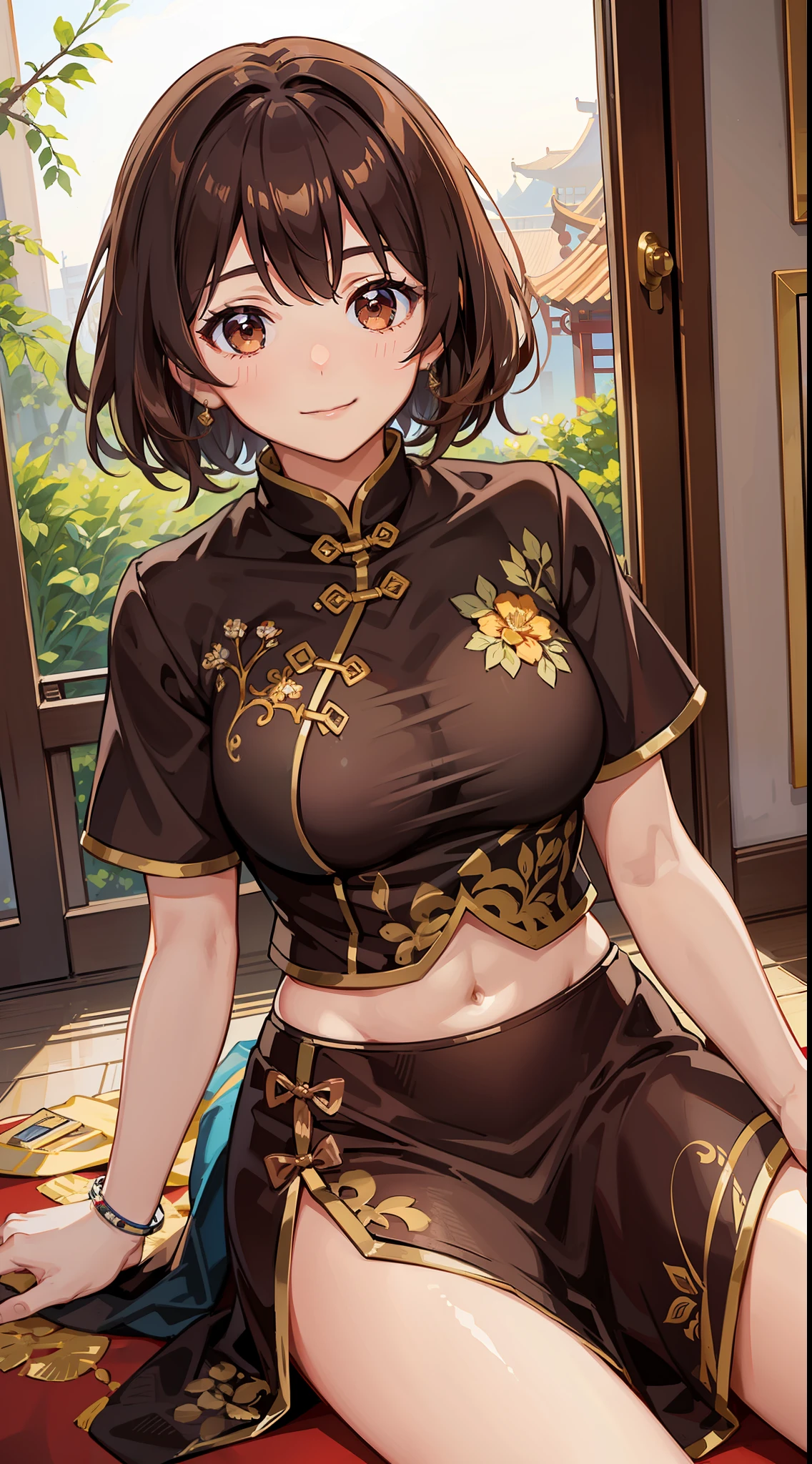 Young girl, short brown hair, brown eyes, Chinese clothes, smile, masterpiece, high quality, open belly