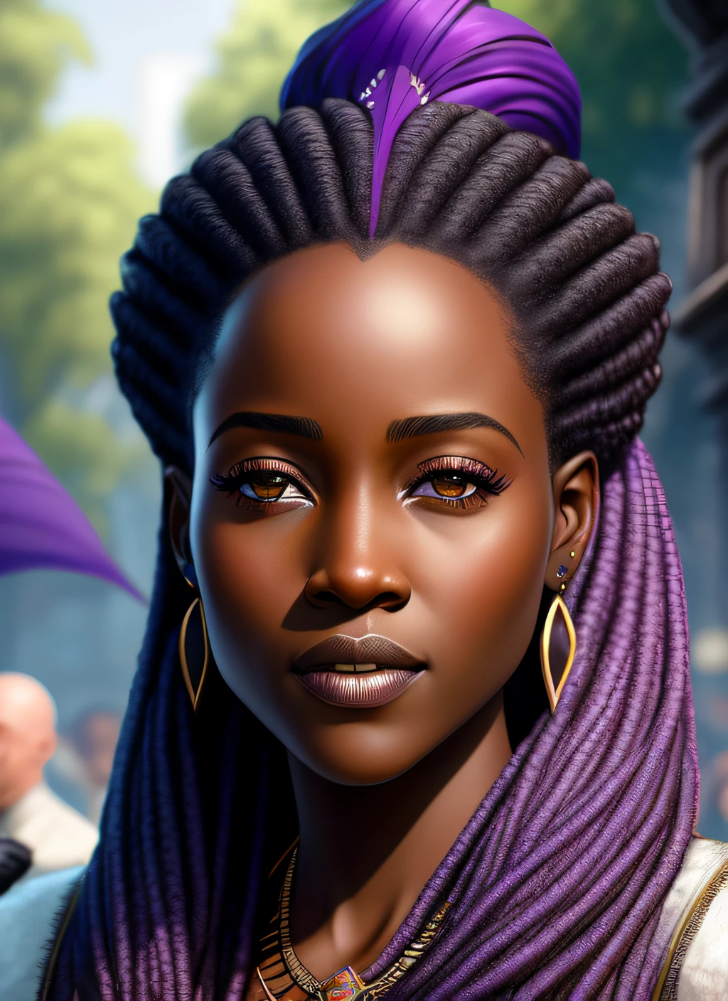 (extremely detailed),( octane render 8k wallpaper),(masterpiece), (best quality), (face portrait of:1.4) (female:1,11)an old african bald:1.05 witch with white and grey dreadlock beard (high detailed realistic african dreadlock beard), Lupita Nyong'o:1.21, city street, fantasy empire, Style-Glorious, crowd, lots of plants, purple flag, godrays warm colors, hyperrealistic, , detailed background, ultra detailed by greg rutkowski