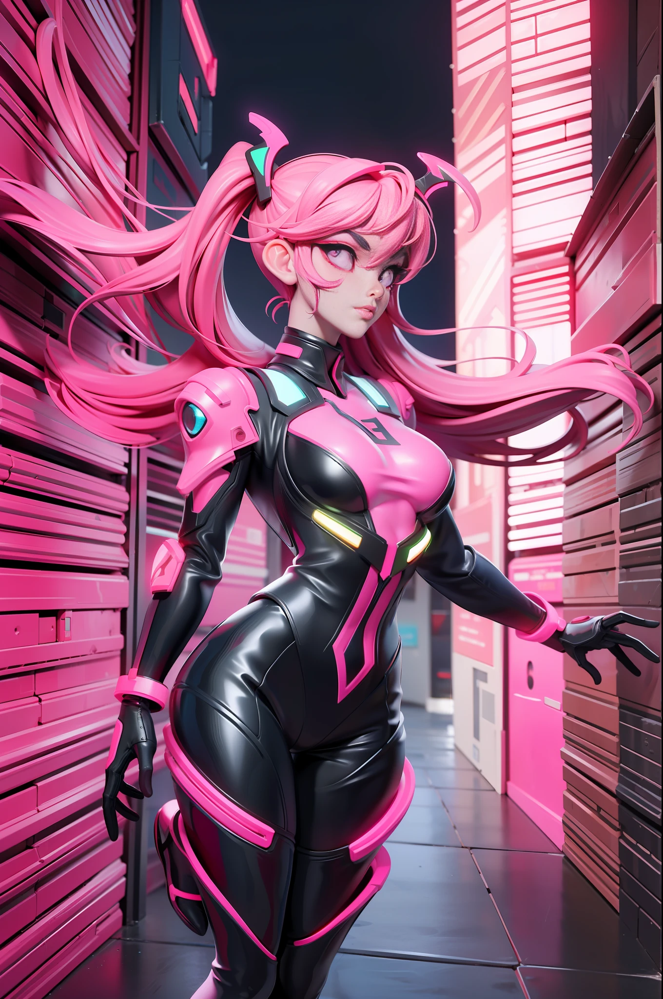 full body picture Unreal Engine 5 8K UHD of beautiful women, futuristic red energy wings, wearing evangelion plug suit, half face cyberpunk mask, futuristic neck collar, beauty makeup, pink neon light details, best quality, masterpiece