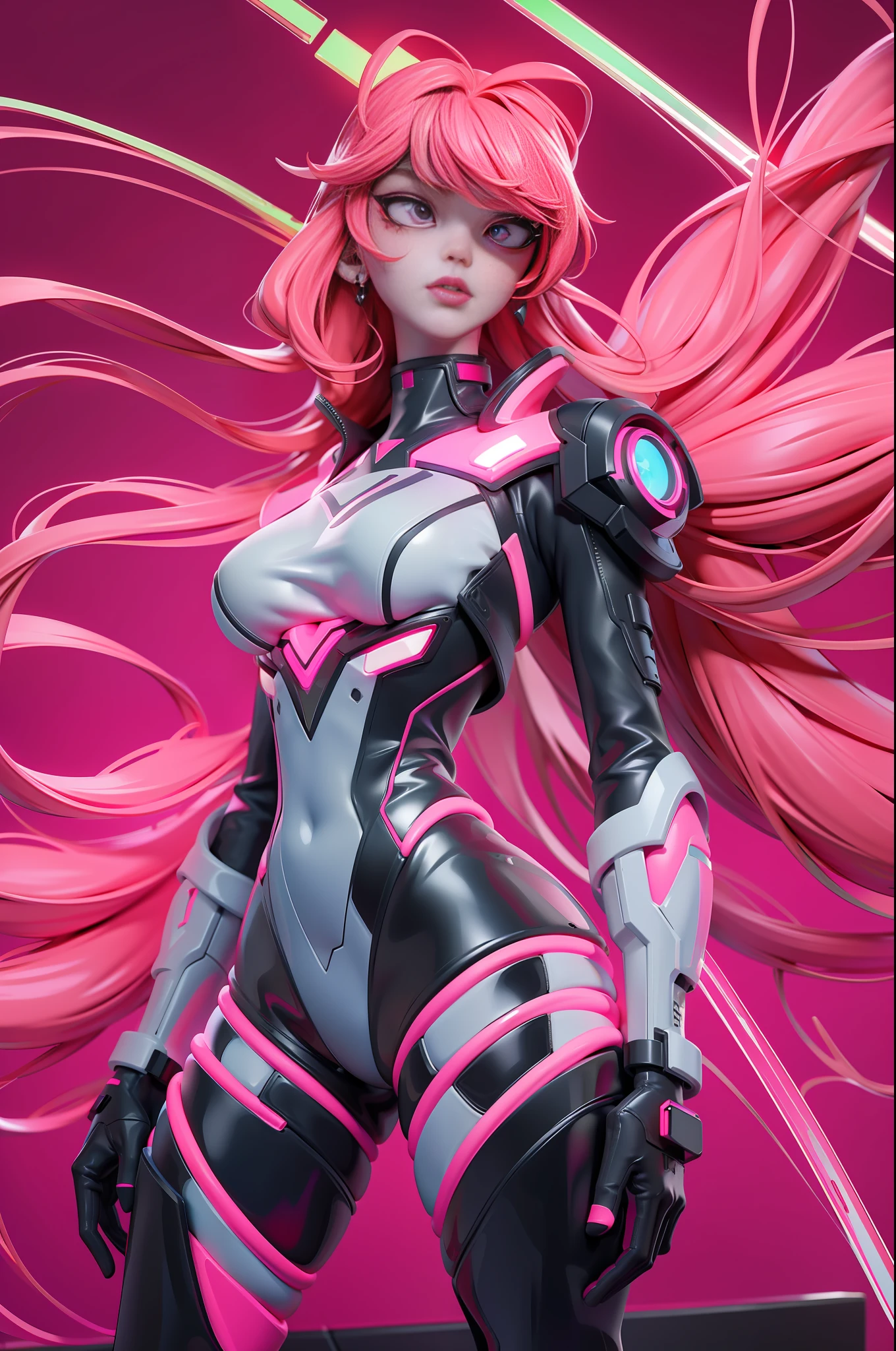 full body picture Unreal Engine 5 8K UHD of beautiful women, futuristic red energy wings, wearing evangelion plug suit, half face cyberpunk mask, futuristic neck collar, beauty makeup, pink neon light details, best quality, masterpiece