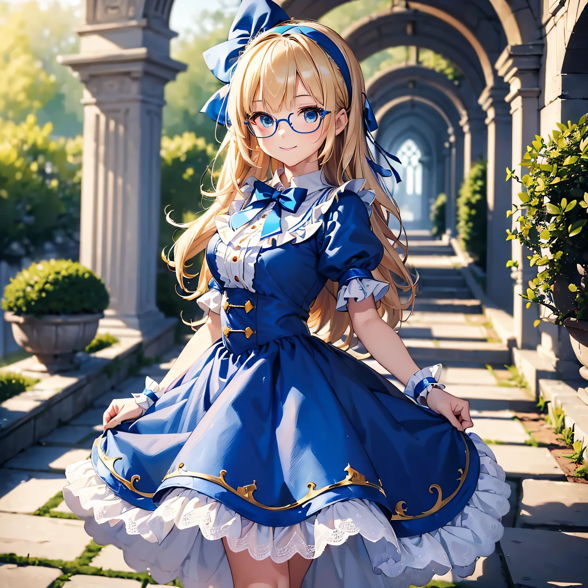 (((Masterpiece)))), (((Best Quality))), ((Super Detailed)), ((Very Delicate and Beautiful)),8k,16x,(Bokeh,Blurry Background),(Best Shadow), (Very Cute Girl, Smile),{Alice Costume in Wonderland},{Alice Costume in Wonderland},Blonde Hair, Blue Eyes, Blue Hairband, Ahoge, Blue Frame Wellington Glasses, {Prairie and Castle, Stone Arches}