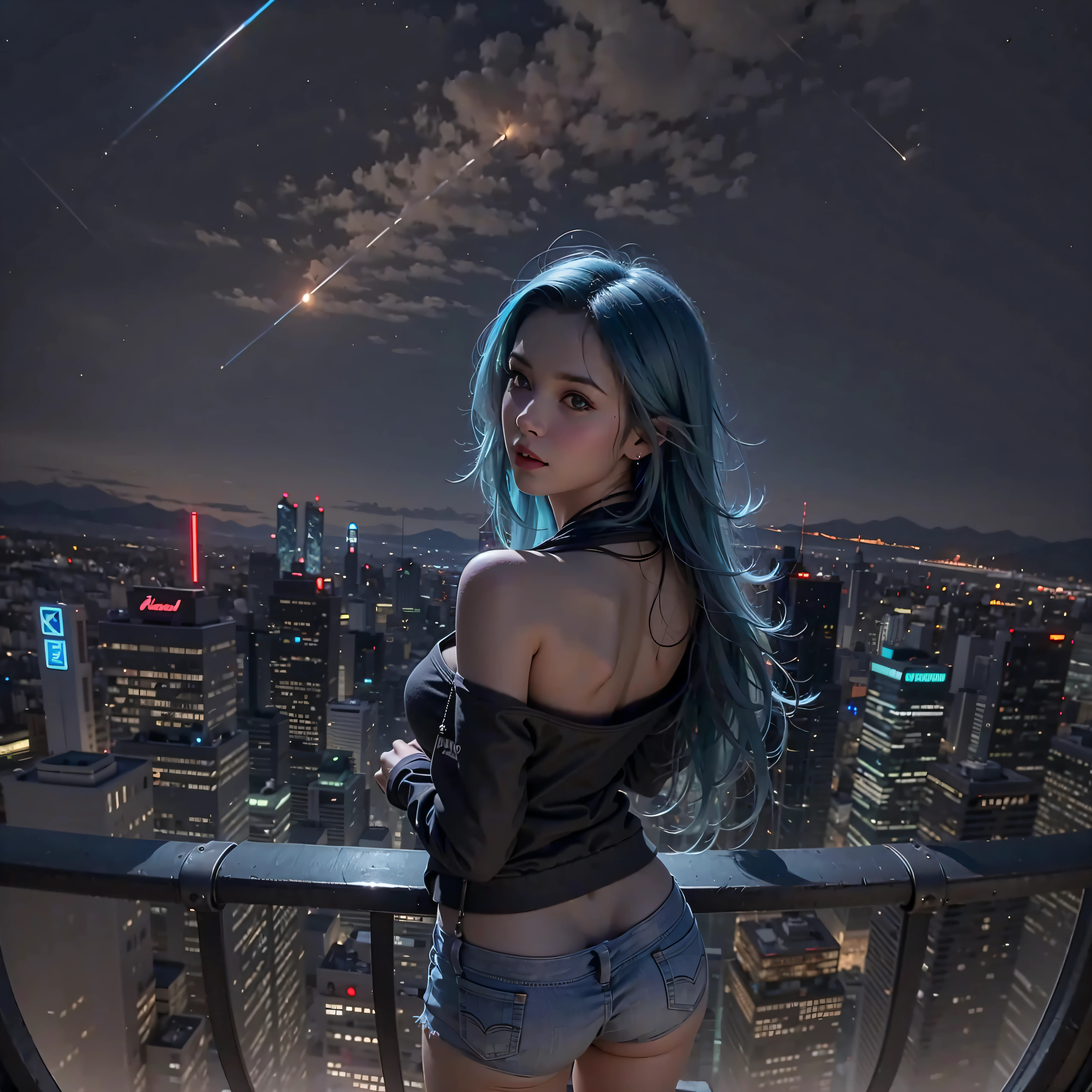 (masterpiece), best quality, ultra high res,, cyberpunk 1girl flying above stunning cityscape ,hoodie,blue hair, neon color shooting stars, very long hair, off shoulder, feather hair ornament, neon colors, flashes, stunning night sky, cinematic lighting, photorealistic, realistic skin, HDR,fisheye
