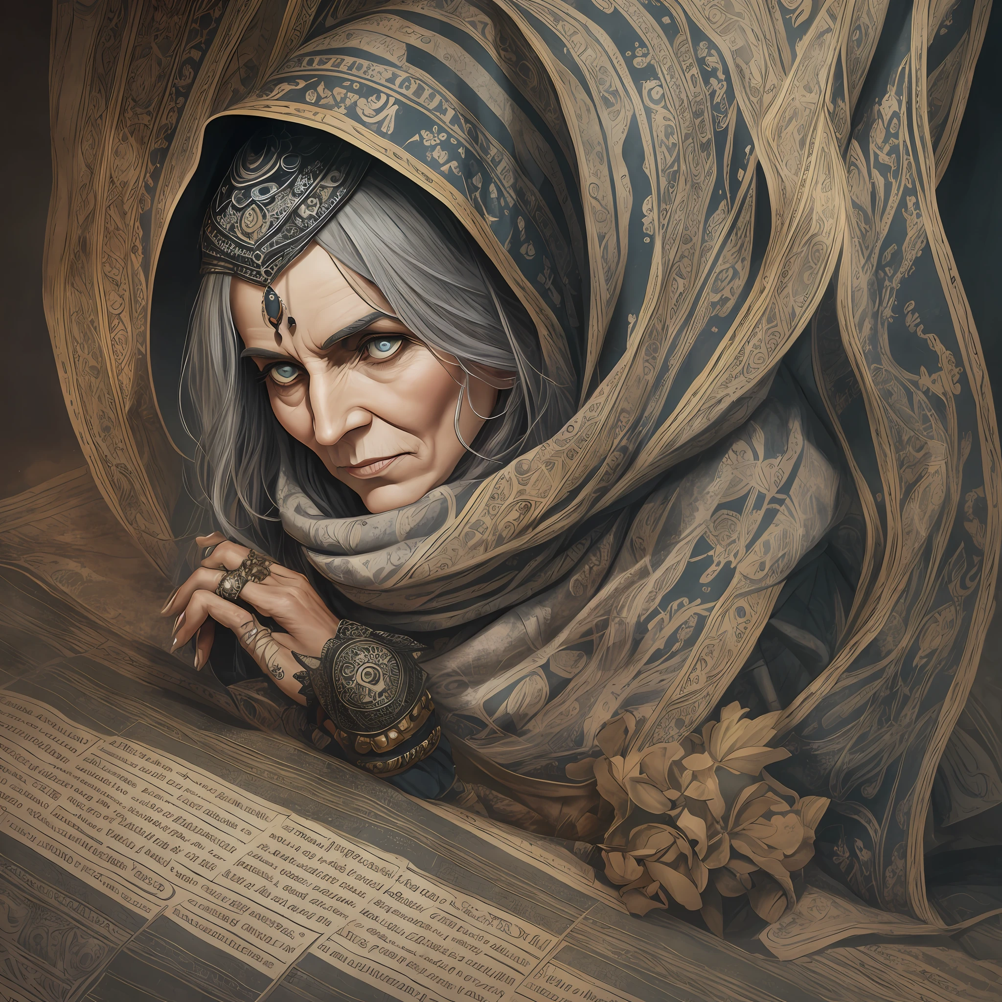 Akaarel, Damon Hellenbrand, drawing, ultradetalized portrait, realistic fantasy, cgsociety, neal adams, witch, Baba Yaga is usually depicted as a large hunchbacked old woman with gray eyes, a large, long, hunchbacked and hooked nose, a powerful hairy chin, Sometimes they say about her "nose has grown into the ceiling." Her bony leg is also often mentioned. But what this means is not entirely clear, but it may indicate her connection to the underworld. In the popular print, she is dressed in an old gray plate, an old scarf, bast shoes and trousers are wrapped around her head, there is no emphasis on Baba Yaga's clothes, 5 fingers, accurate anatomy of hands, conjures,