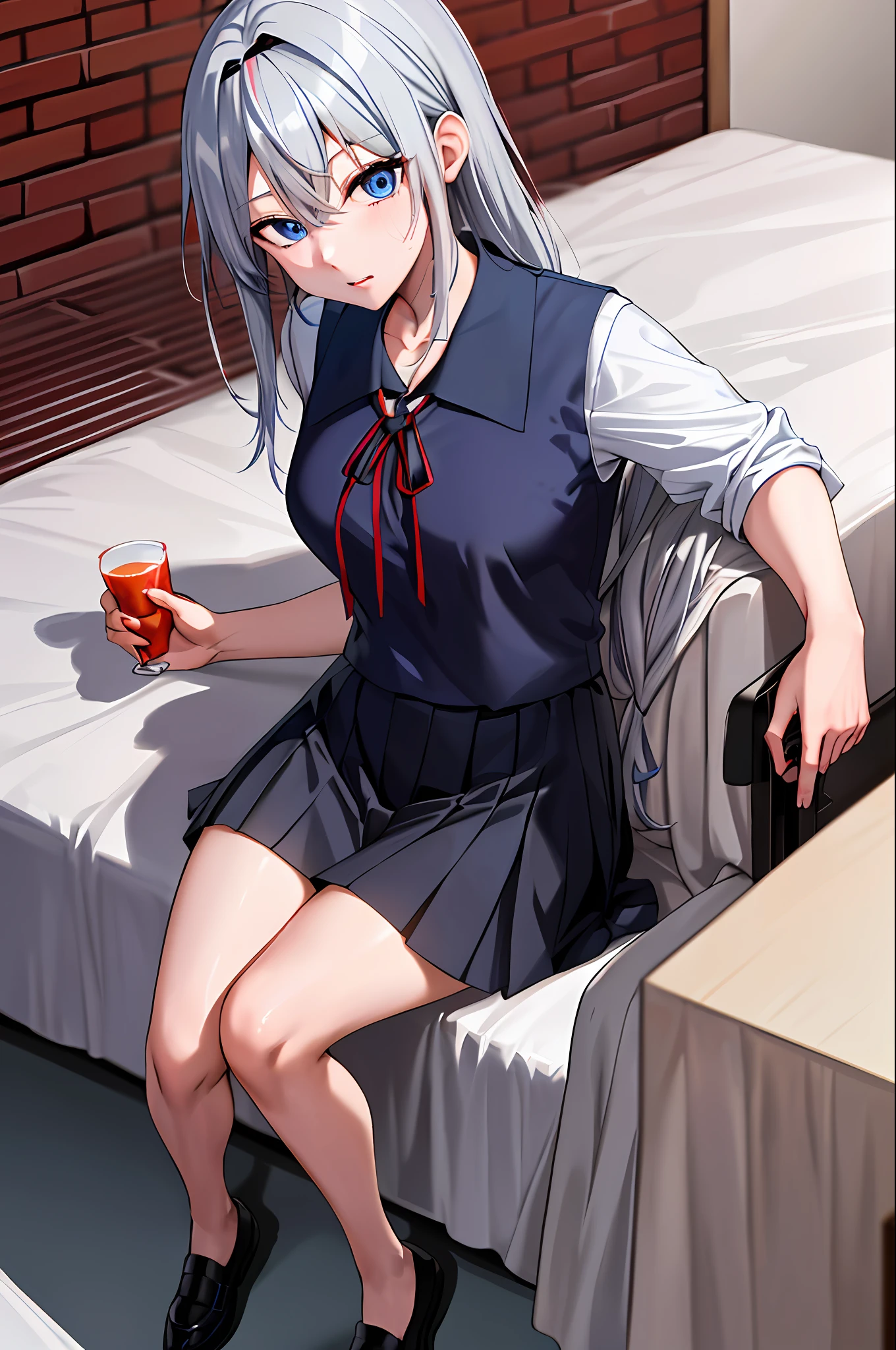 (masterpiece), (best quality), highres, ((((1girl she has gray hair with blue eyes and 1boy he has short black hair with red eyes who are classmates))))), ((((They have different hair colors and eyes do not confuse)))), (draws Kei and kiyotaka ayanokoji looking at each other), (2schoolmates who are Kei and kiyotaka ayanokoji looking at each other), (kei1), (1girl), solo, ((((she has blue eyes)))), (she has long hair), (she wears a school uniform), (she has ribbon), (she has bangs), collarbone, she has gray hair, she has black hair band, she has neck ribbon, hair between her eyes, she has medium breasts, cowboy shot, she is looking seriously at kiyotaka ayanokoji, anatomically correct whole body, is inside a school room, is sitting on a bed with her legs together, full detached scenary, (1boy), (kiyotaka ayanokoji), -yeld teger, school uniform white shirt black jacket open jacket red tie long black pants sitting, ((((he has red eyes)))), ((he has short black hair)), anatomically correct whole body, he has a jesus necklace around his neck, normal legs, wears black shoes, (he's looking at Kei1 or the girl), he's sitting in a chair, he's facing Kei, (full detail escenario), (((((They're drinking with a lot of passion and abrazados))))
