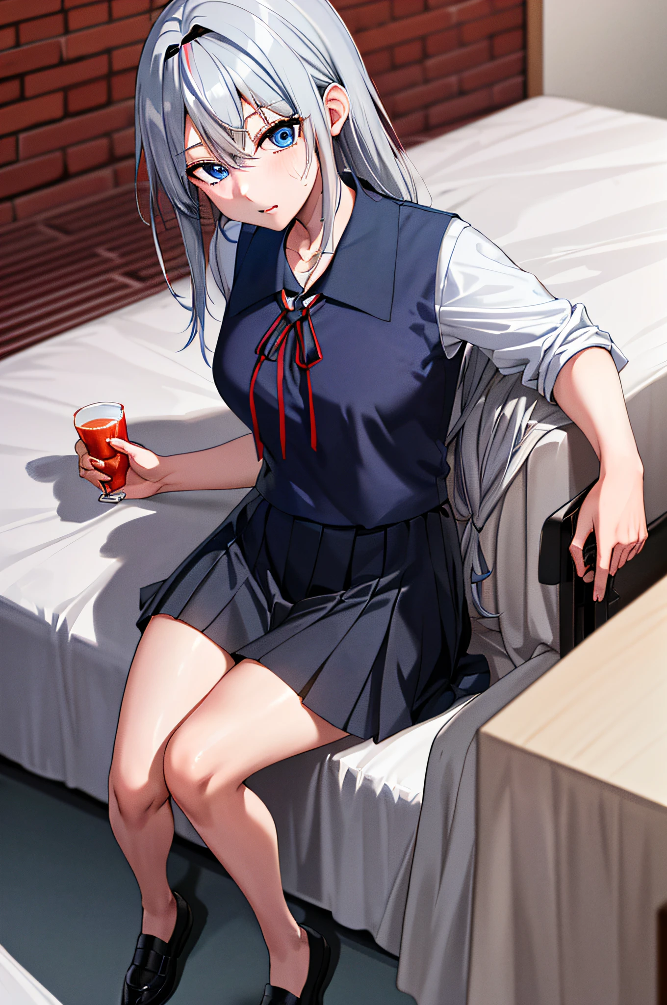 (masterpiece), (best quality), highres, ((((1girl she has gray hair with blue eyes and 1boy he has short black hair with red eyes who are classmates))))), ((((They have different hair colors and eyes do not confuse)))), (draws Kei and kiyotaka ayanokoji looking at each other), (2schoolmates who are Kei and kiyotaka ayanokoji looking at each other), (kei1), (1girl), solo, ((((she has blue eyes)))), (she has long hair), (she wears a school uniform), (she has ribbon), (she has bangs), collarbone, she has gray hair, she has black hair band, she has neck ribbon, hair between her eyes, she has medium breasts, cowboy shot, she is looking seriously at kiyotaka ayanokoji, anatomically correct whole body, is inside a school room, is sitting on a bed with her legs together, full detached scenary, (1boy), (kiyotaka ayanokoji), 15-year-old teenager, school uniform white shirt black jacket open jacket red tie long black pants sitting, ((((he has red eyes)))), ((he has short black hair)), anatomically correct whole body, he has a jesus necklace around his neck, normal legs, wears black shoes, (he's looking at Kei1 or the girl), he's sitting in a chair, he's facing Kei, (full detail escenario), (((((They're drinking with a lot of passion and abrazados))))