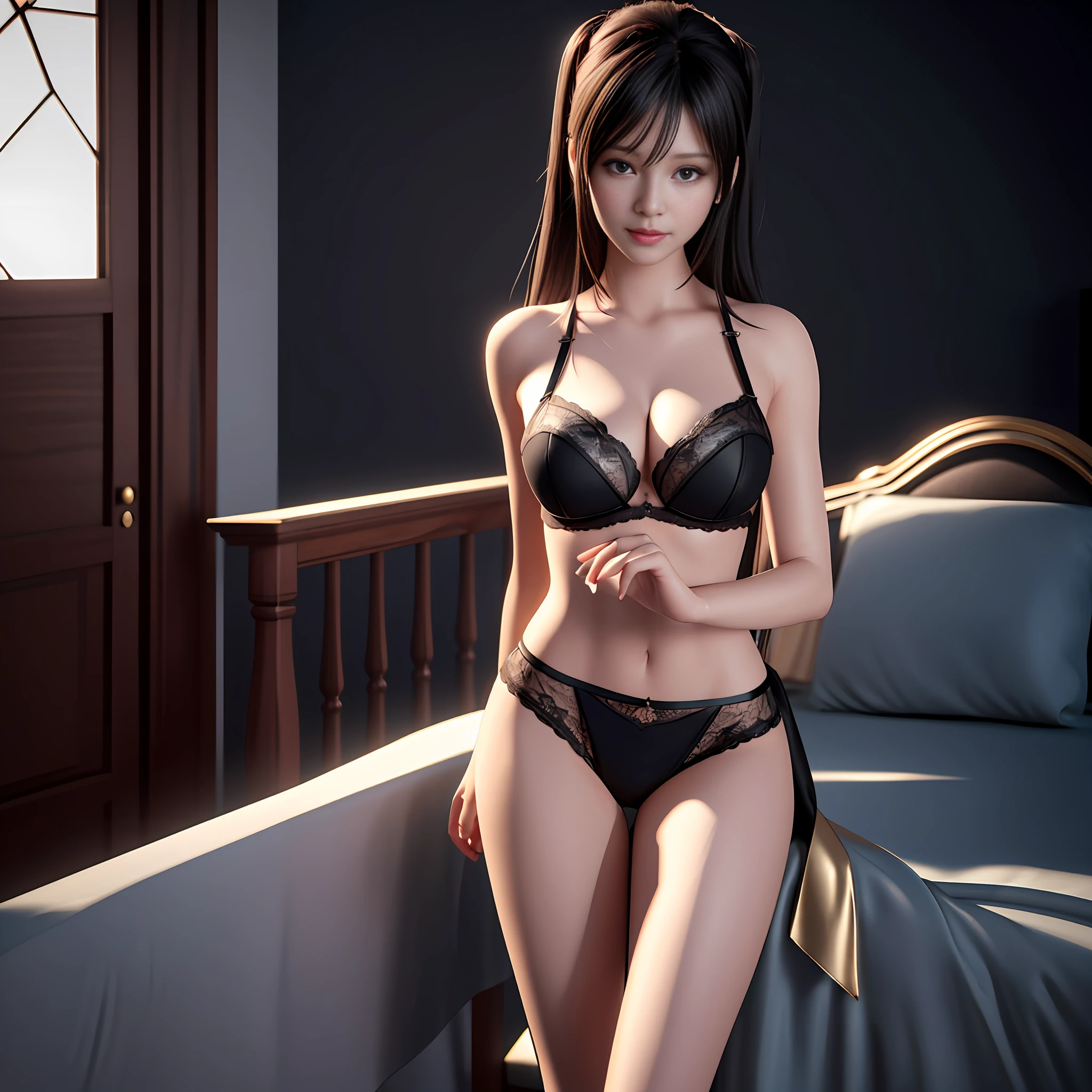 there is a woman in a black lingerie posing for a picture, 8 k sensual lighting, photorealistic perfect body, realistic soft lighting, wlop glossy skin, photorealistic picture, highly detailed soft lighting, realistic afternoon lighting, photorealistic anime girl render, realistic shaded perfect body, cinematic soft lighting, smooth 3d cg render, [ 4 k photorealism ]!!