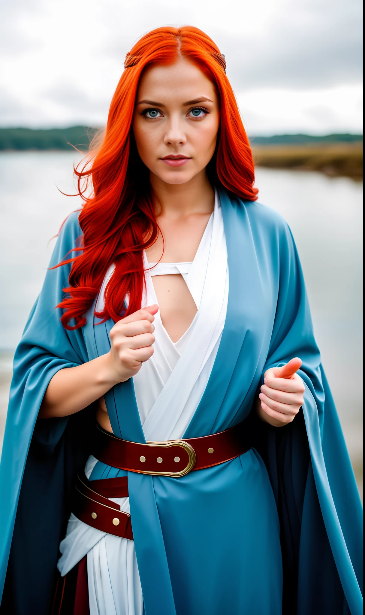Jedi costume woman, red hair, blue eyes, full body, highly detailed skin, skin pores, , cloudy weather, wind, waves, 8k uhd, Dslr, soft lighting, high quality, film grain, Fujifilm XT3