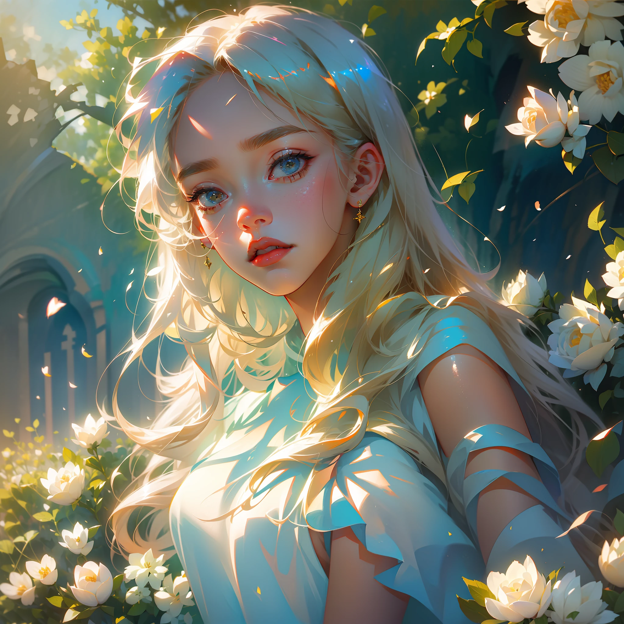 (masterpiece: 1.2, realistic: 1.37, ultra high resolution), female model, fair skin, long blonde and straight hair, white dress, in a sunlit garden, with rose petals everywhere, high contrast, dynamic, soft focus.