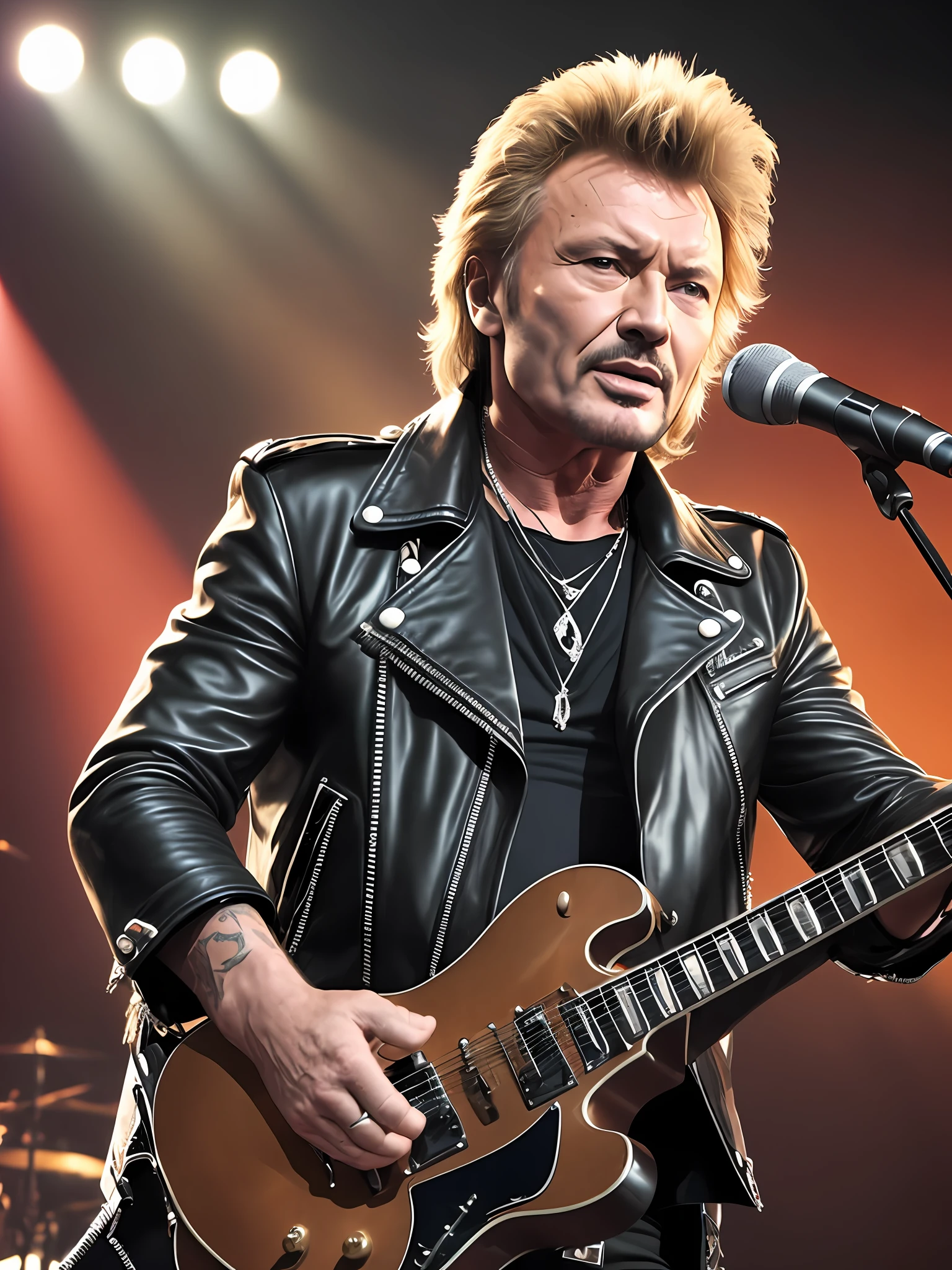 Johnny Hallyday:
Masterpiece Photography Ultra Realistic Description: Johnny Hallyday, the rock 'n' roll icon, commands attention in this hyper-realistic 4K photograph. He is portrayed in a leather jacket, exuding raw energy and rebellion. The backdrop is a vibrant concert stage, with pulsating lights and a roaring crowd, capturing the electrifying atmosphere of Hallyday's legendary live performances. Johnny Hallyday's intense gaze and dynamic posture embody the spirit of rock 'n' roll, immortalizing him as a true French music legend.