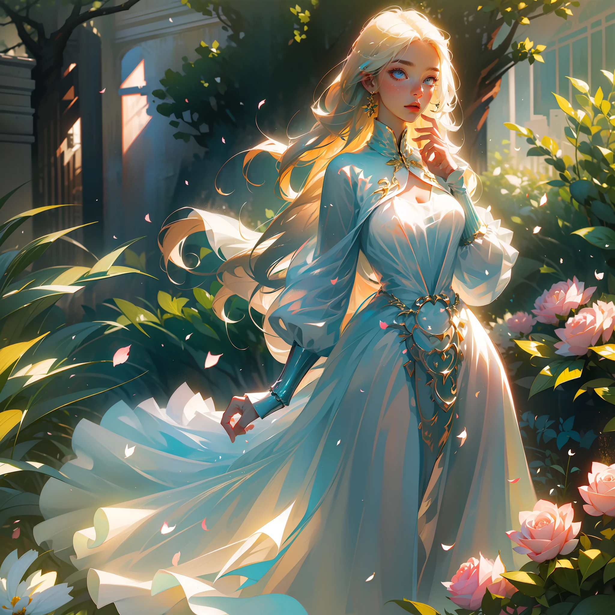 (masterpiece: 1.2, realistic: 1.37, ultra high resolution), female model, fair skin, long blonde and straight hair, white dress, in a sunlit garden, with rose petals everywhere, high contrast, dynamic, soft focus.
