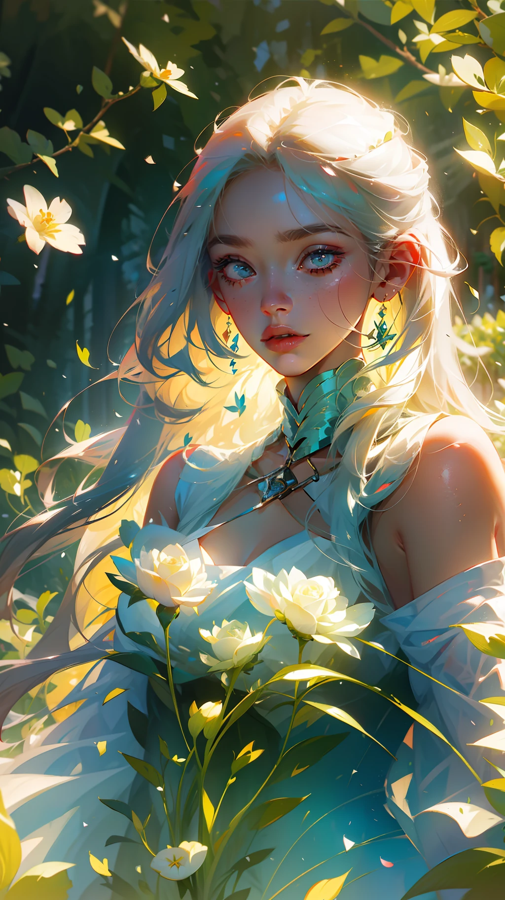 (masterpiece: 1.2, realistic: 1.37, ultra high resolution), female model, fair skin, long blonde and straight hair, white dress, in a sunlit garden, with rose petals everywhere, high contrast, dynamic, soft focus.