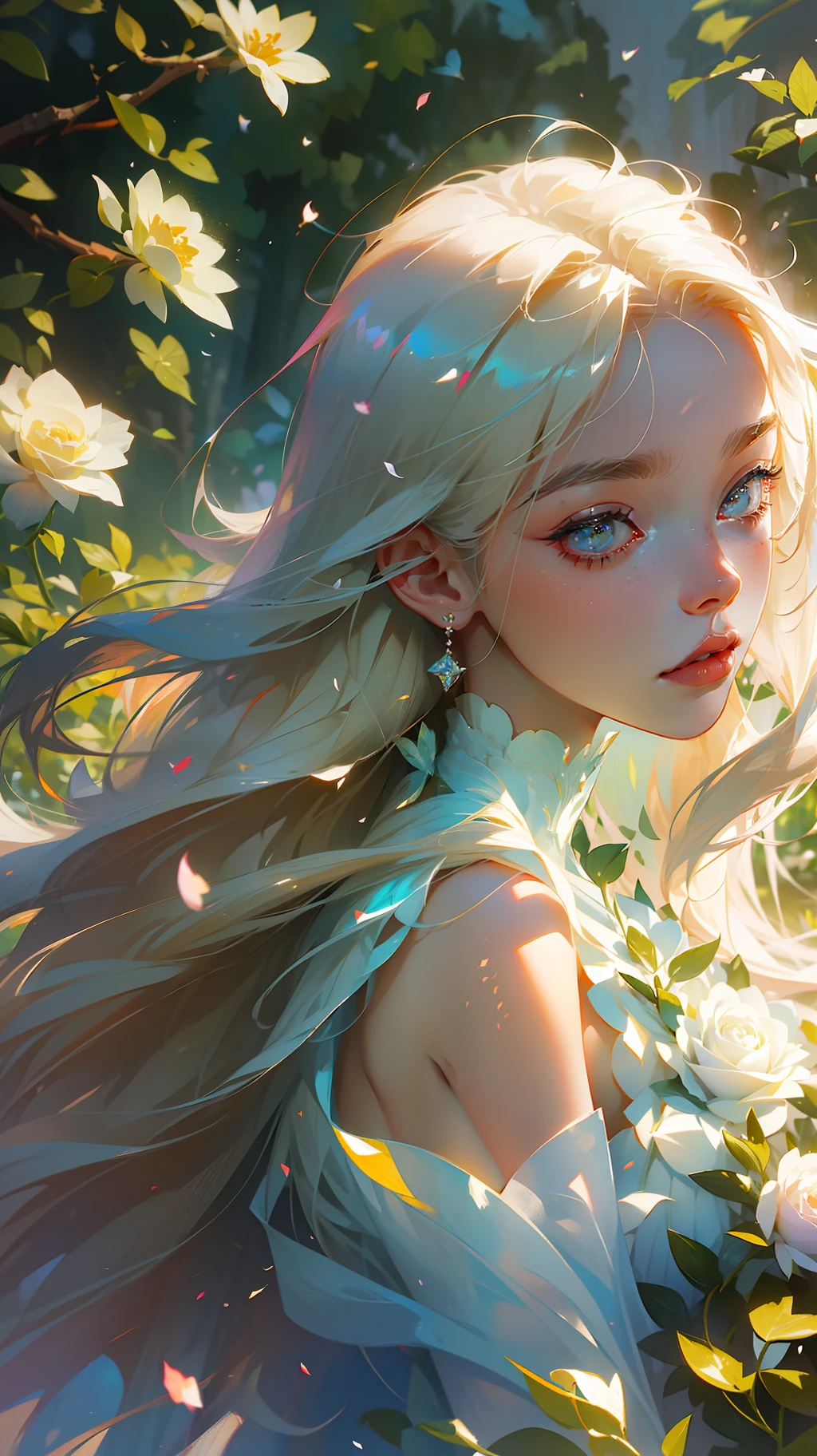 (masterpiece: 1.2, realistic: 1.37, ultra high resolution), female model, fair skin, long blonde and straight hair, white dress, in a sunlit garden, with rose petals everywhere, high contrast, dynamic, soft focus.