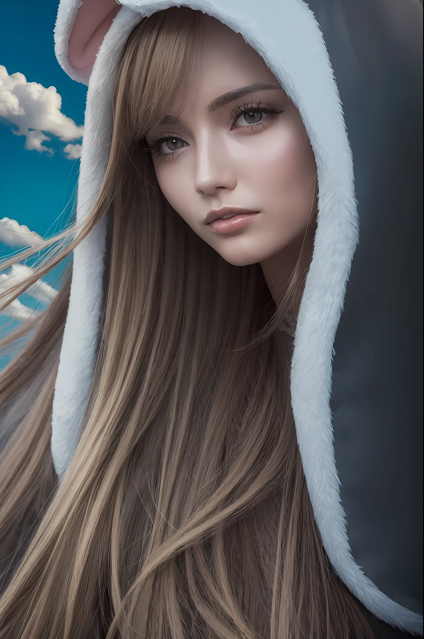 Woman in rabbit costume, real life style, (((Top Quality, Masterpiece: 1.3)), (Russian Beauty)), 1 woman, 42 years old, Big: 1.3, Slender Body Type: 1.1, Toned abs, Blonde semi-long hair, Super detailed face, Detailed lips, Detailed eyes, Double eyelids, Smile, Blue sky, Clouds, Look Right, Jump, Brown eyes, Super Wide Shot
