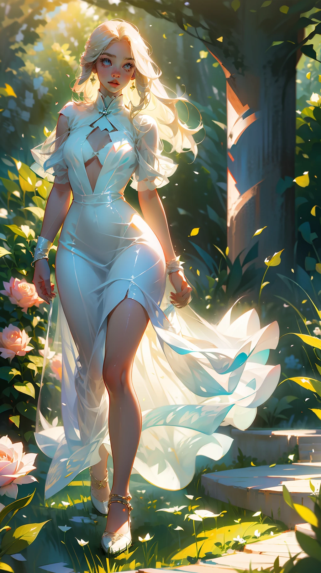 (masterpiece: 1.2, realistic: 1.37, ultra high resolution), female model, fair skin, long blonde and straight hair, white dress, in a sunlit garden, with rose petals everywhere, high contrast, dynamic, soft focus.